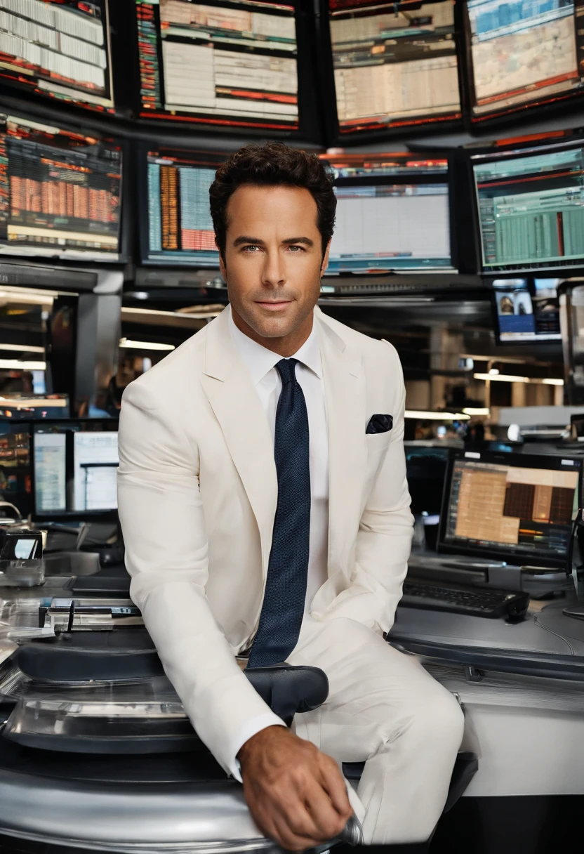 Ari stands in the middle of a chaotic trading floor, shouting orders and pointing at graphs on the screens.,Entourage,Ari Gold, the fictional talent agent from “Entourage,” is known for his sharp, polished appearance, often seen in designer suits that complement his fast-paced, high-powered lifestyle in Hollywood. He has a confident, assertive demeanor, characterized by his brisk walk and intense, focused expressions.