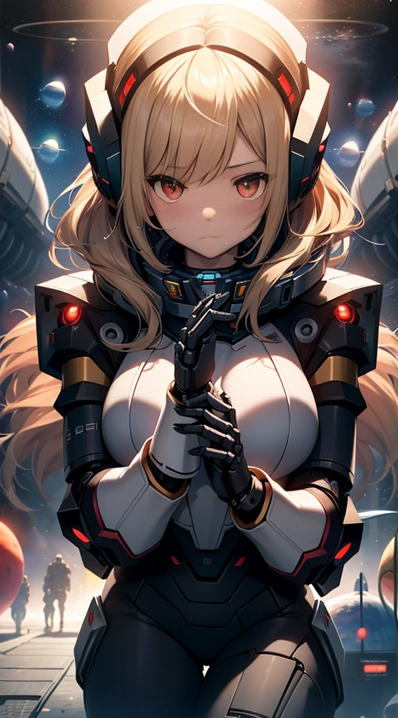 top-quality、Top image quality、masterpiece、Mecha Girl((18year old、Mechanical parts for both hands and feet、Robot joints,Black tights,Bust 100、a blond、close to viewer、gazing at viewer、Chest energy、Breasts wide open,Reaching out、red eyes、Shy face、Dye cheeks))hiquality、depth of fields、Background with((Space Colony))、Depth((planet earth))