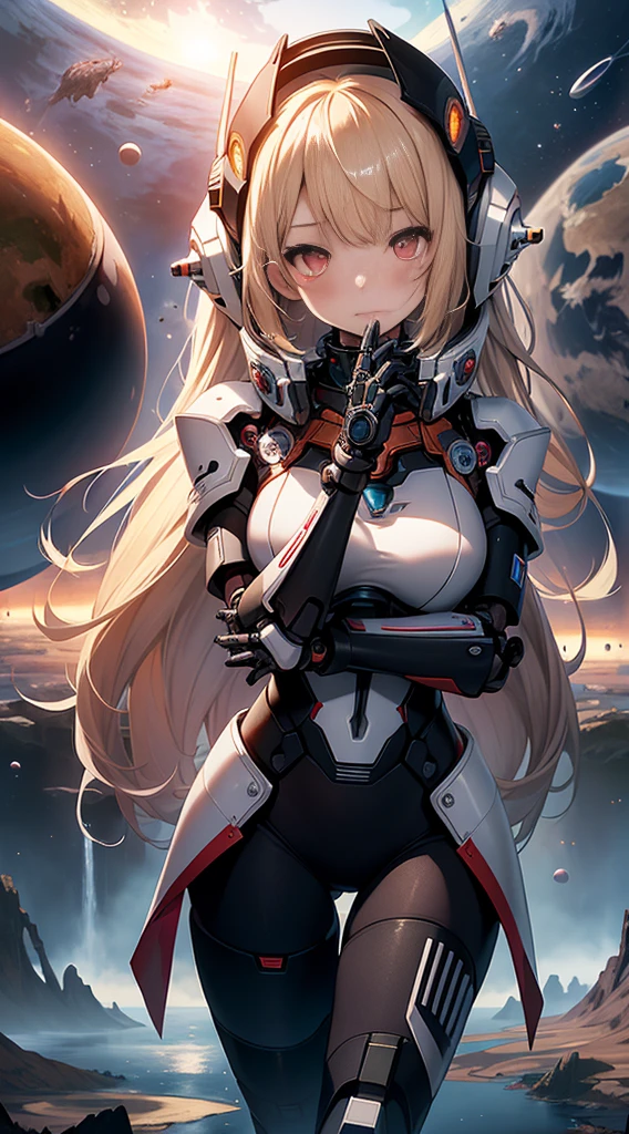 top-quality、Top image quality、masterpiece、Mecha Girl((18year old、Mechanical parts for both hands and feet、Robot joints,Black tights,Bust 100、a blond、close to viewer、gazing at viewer、Chest energy、Breasts wide open,Reaching out、red eyes、Shy face、Dye cheeks))hiquality、depth of fields、Background with((Space Colony))、Depth((planet earth))