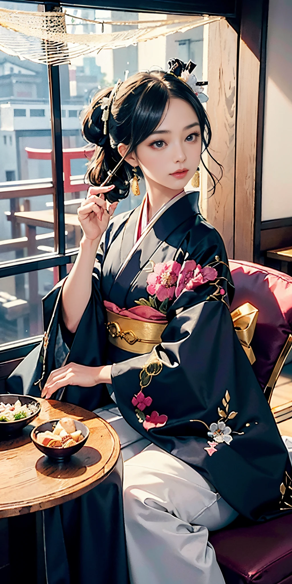 Detailed background(High-class restaurant(Kaiseki cuisine on the table)The cityscape of Kyoto in the daytime seen outside the window),Single cedar table,lunchtime,Eating 寿司with chopsticks,BREAK,elaborate costume{Luxury kimono(Colorful kimono(detailed embroidery,))}、1girl in(Japanese Idol(actress):1.2)(face perfect:1.2),Depicting a beautiful and classy adult woman,glossy dark hair(poneyTail),Heart in the eye, Wallpapers 16K,Blur the background with a sickle,((masutepiece)), ((Best Quality)),{{a portrait photo of}},full body Esbian