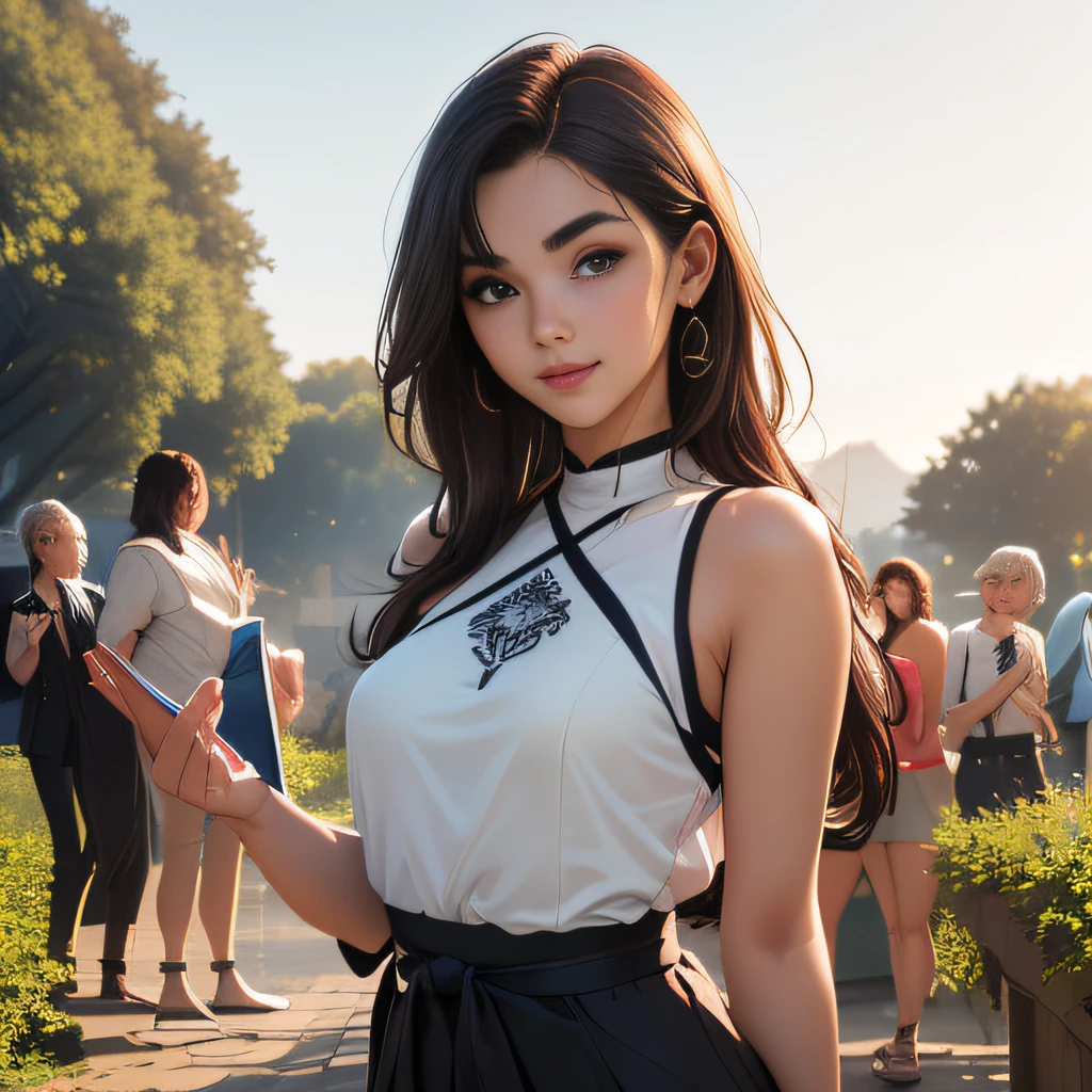 (Extremely detailed 8k wallpaper:2), (photo:2), (soigne Beautiful girl:2), (gives a lecture to friends:2), detailed (Face and eyes), (hyper realistic:1), (highly detailed:1), (epic realistic:1), rim light, (maximum details:1), cozy, (fullbody:1.3), (looking at viewer:2), (Woman's Attractive Qualities:2), (Attractive Woman:2), (Attractive:2), Smile, Intelligence, Empathy, Gracefulness, Sense of Style, Fitness, Grooming, Optimism, (Sensitivity:2), Sincerity, Romantic Gestures, Playfulness, Fashion Sense, (Sensuality:2), Charm, Modesty, Thoughtfulness, (Femininity:1), Flirtatiousness, Warmth, (Physical attractiveness:2), A beautiful smile, A love of life, strength and power, vulnerability, curiosity, wonder, love, (nature background:2), kawaii, waifu, Beautiful breasts, (attractive body:2), (Beautiful body:2), Beautiful pose, attractive pose, (Beautiful legs:1.0), (spread legs:1.0), (Beautiful clothes:1), (classic clothes:2), (elegant clothes:2), (European clothes:2), detailed clothes, (skirt:1), (blouse:1), (provocative pose)
