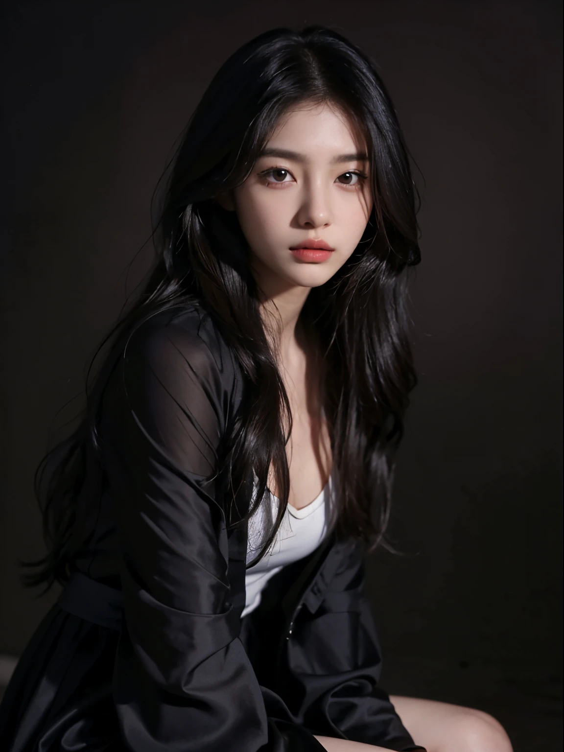 A perfect young female white-collar worker，Chinese，High picture quality，Works of masters，Black hair，Long hair flowing over the shoulders，Blured background，outside, deep shadow, Real Human，CG rendering，16k，Stand up，Empty interior，Do not show your hands，Close-up shot