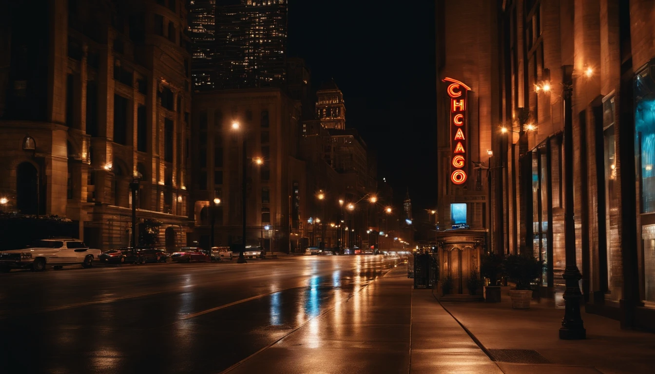 chicago city street at night, ground level