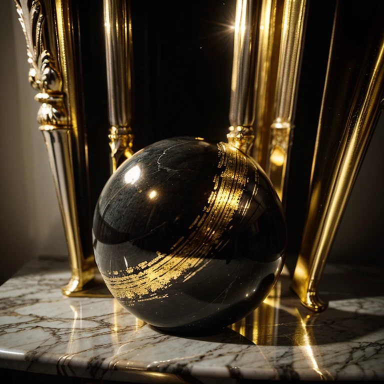 Produce an abstract marble-inspired image featuring a harmonious blend of black and gold hues, accentuated by subtle gradients of grey and white. Craft a visually striking composition that showcases the intricate veining and swirls characteristic of marble patterns. Experiment with light and shadow to enhance the luxurious and sophisticated feel, ensuring a captivating balance between the dark, rich tones and the opulent gold highlights