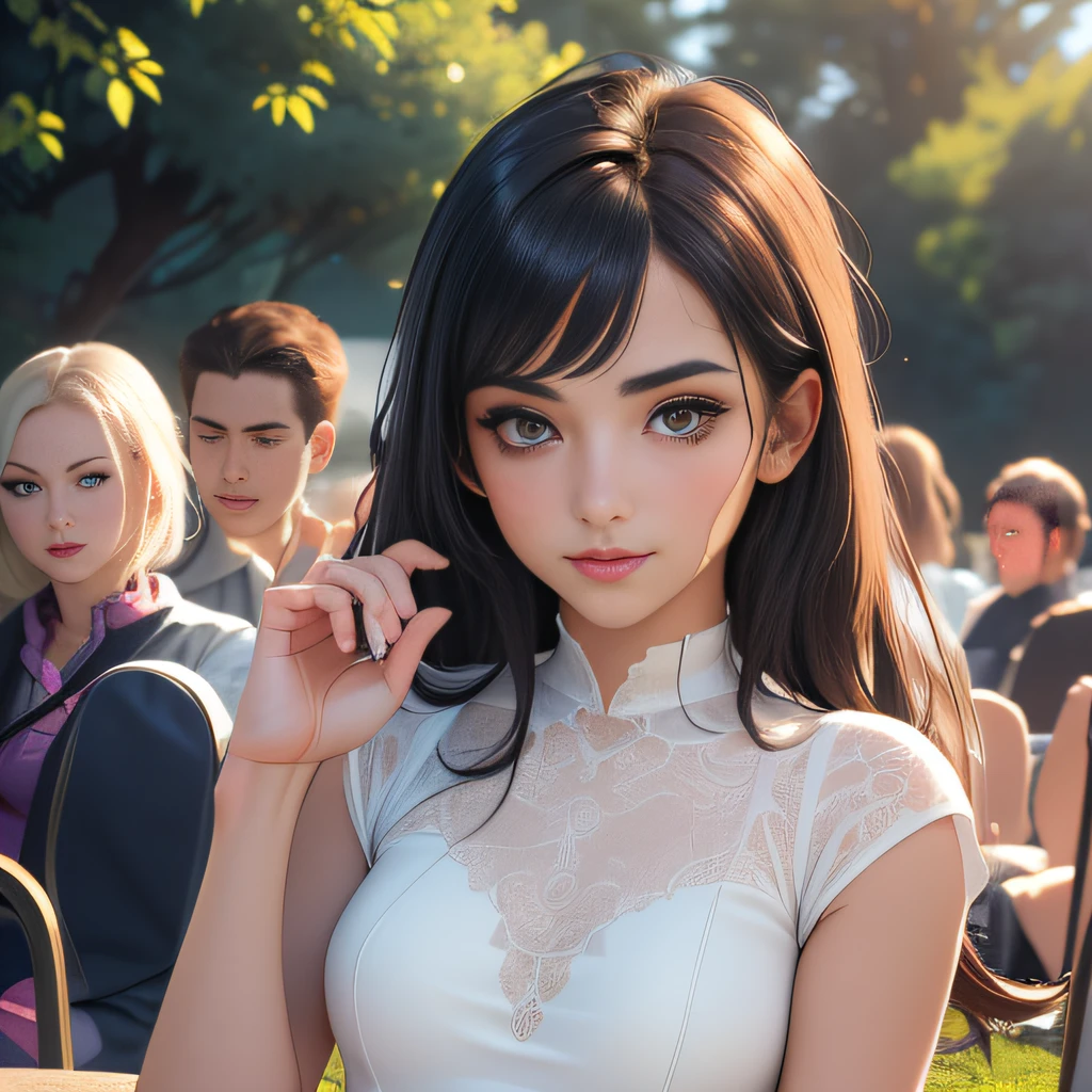 (Extremely detailed 8k wallpaper:2), (photo:2), (soigne Beautiful girl:2), (gives a lecture to friends:2), detailed (Face and eyes), (hyper realistic:1), (highly detailed:1), (epic realistic:1), rim light, (maximum details:1), cozy, (fullbody:1.3), (looking at viewer:2), (Woman's Attractive Qualities:2), (Attractive Woman:2), (Attractive:2), Smile, Intelligence, Empathy, Gracefulness, Sense of Style, Fitness, Grooming, Optimism, (Sensitivity:2), Sincerity, Romantic Gestures, Playfulness, Fashion Sense, (Sensuality:2), Charm, Modesty, Thoughtfulness, (Femininity:1), Flirtatiousness, Warmth, (Physical attractiveness:2), A beautiful smile, A love of life, strength and power, vulnerability, curiosity, wonder, love, (nature background:2), kawaii, waifu, Beautiful breasts, (attractive body:2), (Beautiful body:2), Beautiful pose, attractive pose, (Beautiful legs:1.0), (spread legs:1.0), (Beautiful clothes:1), (classic clothes:2), (elegant clothes:2), (European clothes:2), detailed clothes, (skirt:1), (blouse:1), (provocative pose)