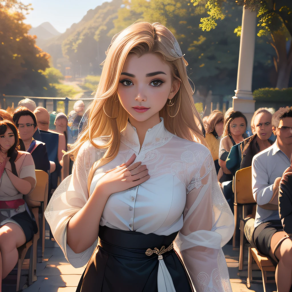 (Extremely detailed 8k wallpaper:2), (photo:2), (soigne Beautiful girl:2), (gives a lecture to friends:2), detailed (Face and eyes), (hyper realistic:1), (highly detailed:1), (epic realistic:1), rim light, (maximum details:1), cozy, (fullbody:1.3), (looking at viewer:2), (Woman's Attractive Qualities:2), (Attractive Woman:2), (Attractive:2), Smile, Intelligence, Empathy, Gracefulness, Sense of Style, Fitness, Grooming, Optimism, (Sensitivity:2), Sincerity, Romantic Gestures, Playfulness, Fashion Sense, (Sensuality:2), Charm, Modesty, Thoughtfulness, (Femininity:1), Flirtatiousness, Warmth, (Physical attractiveness:2), A beautiful smile, A love of life, strength and power, vulnerability, curiosity, wonder, love, (nature background:2), kawaii, waifu, Beautiful breasts, (attractive body:2), (Beautiful body:2), Beautiful pose, attractive pose, (Beautiful legs:1.0), (spread legs:1.0), (Beautiful clothes:1), (classic clothes:2), (elegant clothes:2), (European clothes:2), detailed clothes, (skirt:1), (blouse:1), (provocative pose)