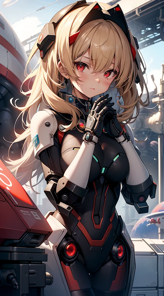top-quality、Top image quality、masterpiece、Mecha Girl((18year old、Mechanical parts for both hands and feet、Robot joints,Black tights,Bust 100、a blond、close to viewer、gazing at viewer、Chest energy、Breasts wide open,Reaching out、red eyes、Shy face、Dye cheeks))hiquality、depth of fields、Background with((Space Colony))、Depth((planet earth))