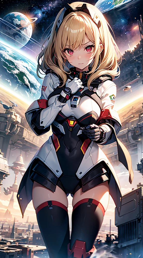 top-quality、Top image quality、masterpiece、Mecha Girl((18year old、Robot joints,Black tights,Bust 100、a blond、close to viewer、gazing at viewer、Chest energy、Breasts wide open,Reaching out、red eyes、Shy face、Dye cheeks))hiquality、depth of fields、Background with((Space Colony))、Depth((planet earth))