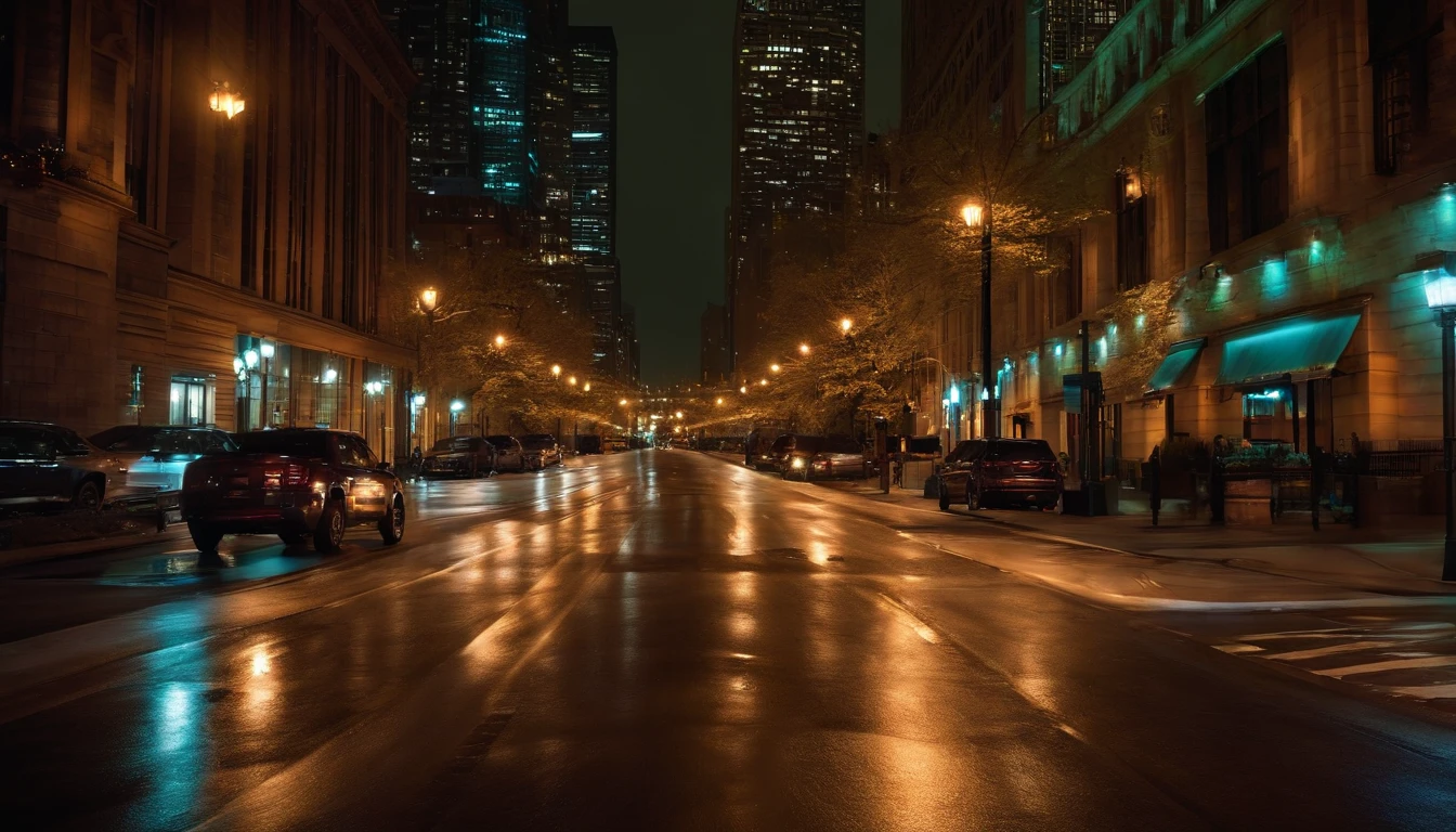 chicago city street at night, ground level