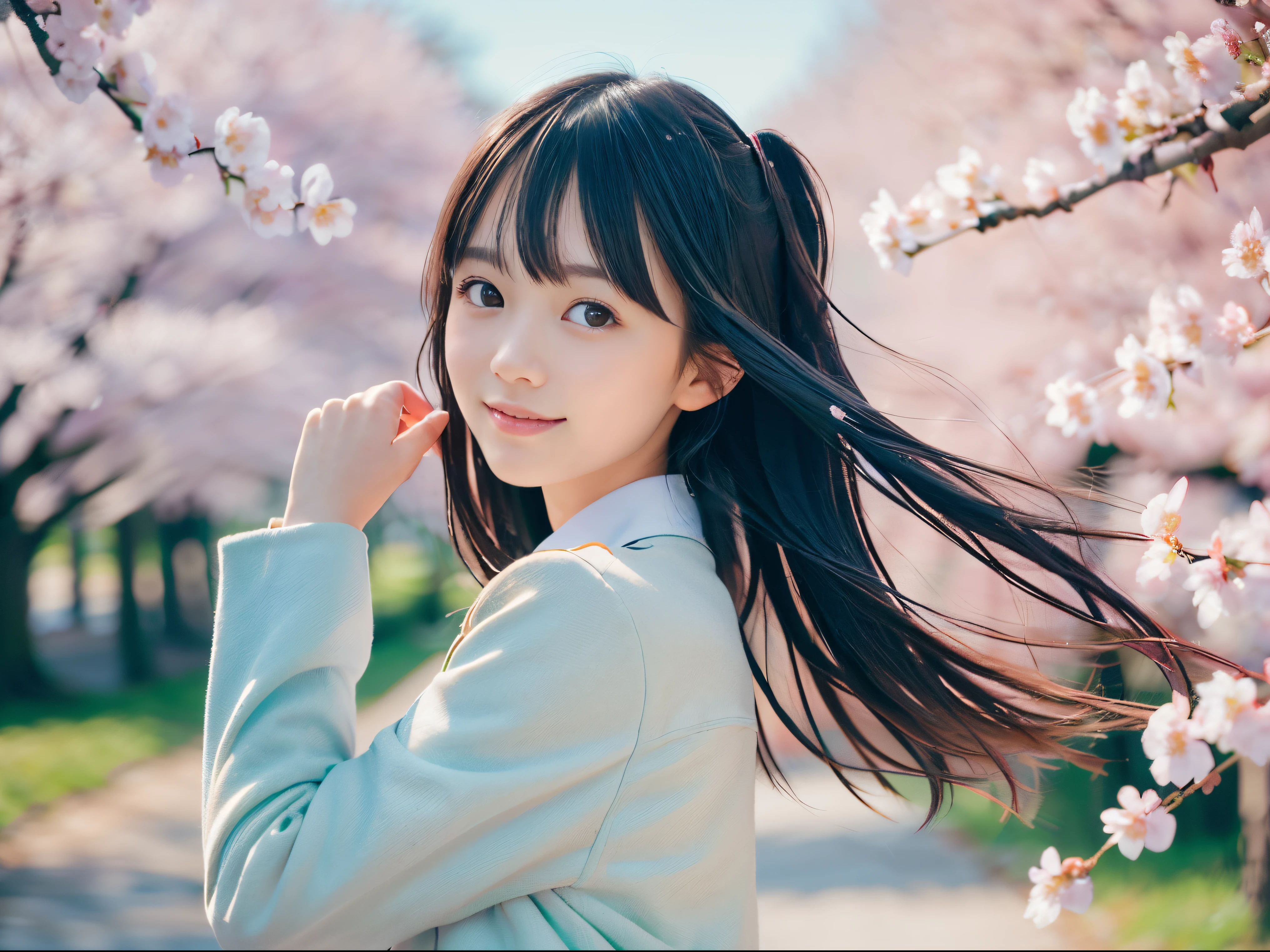 (Close up portrait of slender small breasts two side up hair girl in pastel colored jacket and shirts:1.5)、(A girl open her arms wide with small smile and her hair fluttering :1.5)、(Rows of cherry blossom trees in full bloom and cherry blossom petals dancing in the wind:1.5)、(Blurry background,:1.5)、(Perfect Anatomy:1.3)、(No mask:1.3)、(complete fingers:1.3)、Photorealistic、Photography、masutepiece、top-quality、High resolution, delicate and pretty、face perfect、Beautiful detailed eyes、Fair skin、Real Human Skin、pores、((thin legs))、(Dark hair)