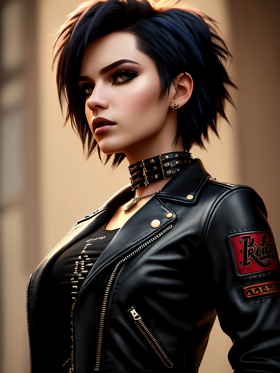 (pixarstyle) a waist-length portrait of a punk girl in a leather jacket, bob hairstyle, choker, natural skin texture, 4k textures, hdr, intricate, highly detailed, sharp focus, cinematic look, hyperdetailed