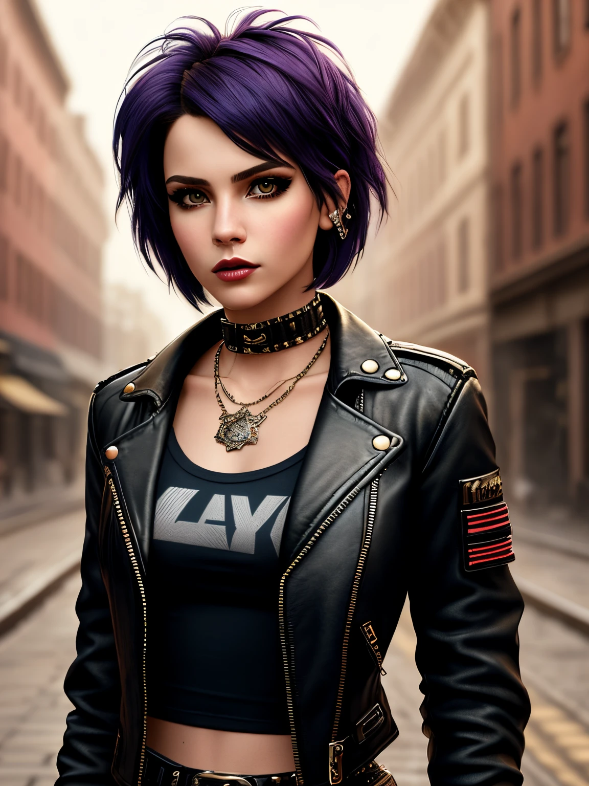 (pixarstyle) a waist-length portrait of a punk girl in a leather jacket, bob hairstyle, choker, natural skin texture, 4k textures, hdr, intricate, highly detailed, sharp focus, cinematic look, hyperdetailed