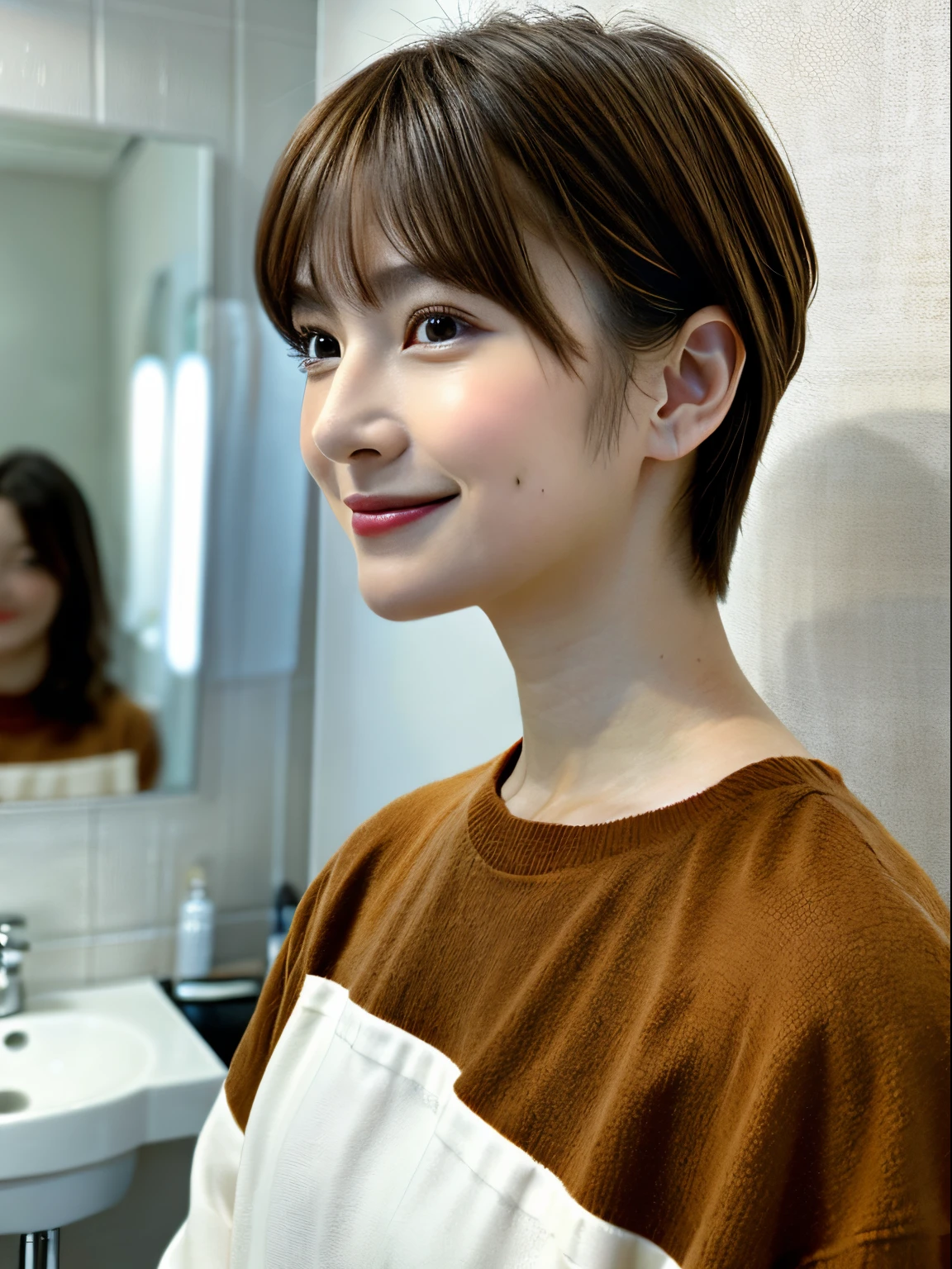 ((top-quality、8K、masterpiece:1.3))、(8K)、(Top image quality:1.2)、(reallistic)、(Photorealsitic:1.37)、The ultra -The high-definition、1girll、cute little、A smile、a closed mouth、Beautiful details、Beautiful nose in every detail、Random color clothes、short-hair、bobhair、Highly detailed facial and skin texture、Autumn clothes、slightly depressed、(white wall room with window、Shot in a beauty salon)、natural soft light、Poses variadas、Various hairstyles、profile、bobhair、Random Poses