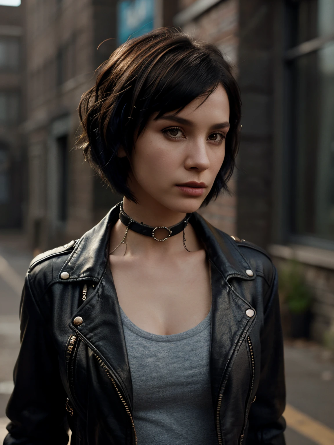 (pixarstyle) a waist-length portrait of a punk girl in a leather jacket, bob hairstyle, choker, natural skin texture, 4k textures, hdr, intricate, highly detailed, sharp focus, cinematic look, hyperdetailed