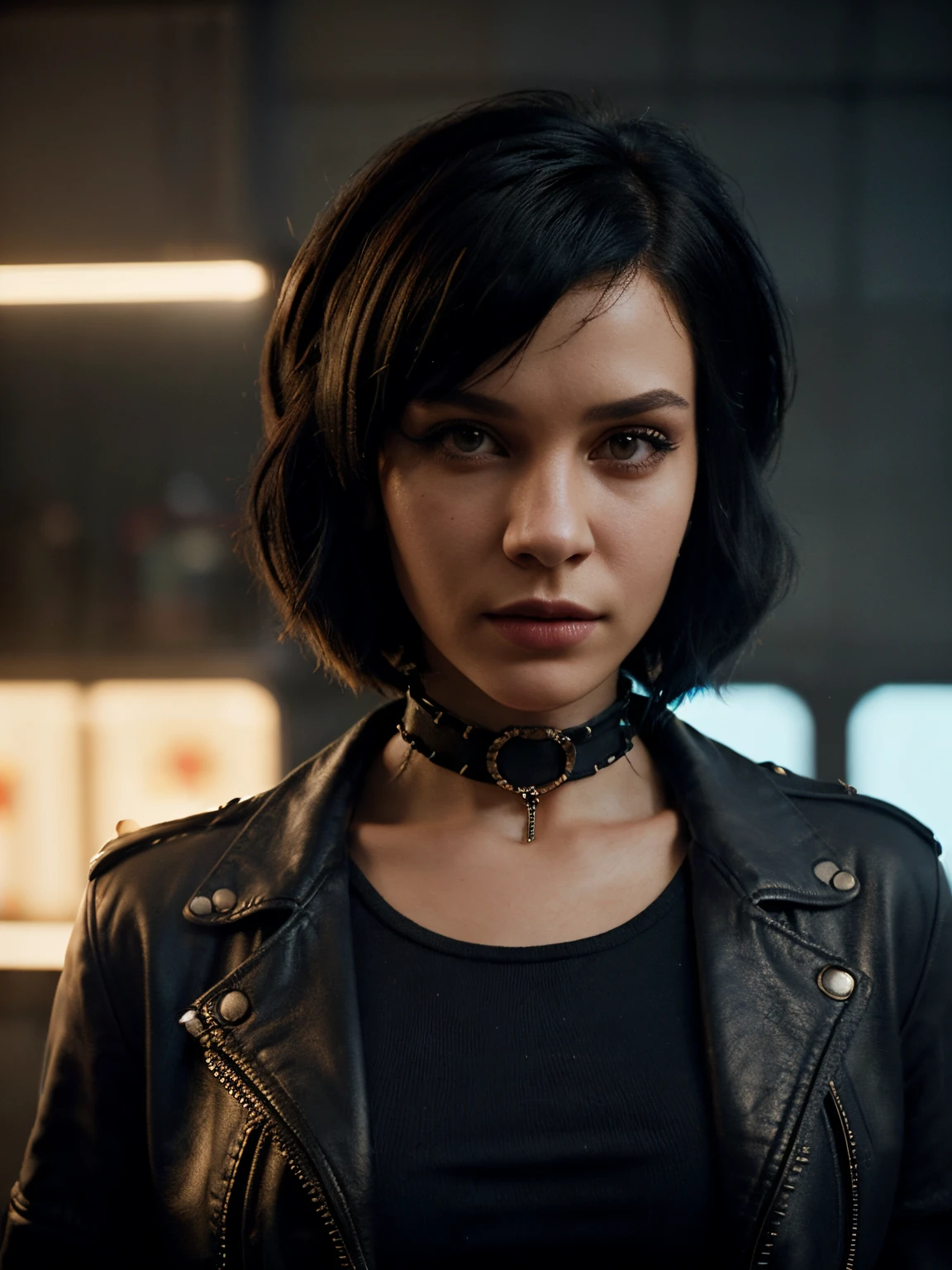 (pixarstyle) a waist-length portrait of a punk girl in a leather jacket, bob hairstyle, choker, natural skin texture, 4k textures, hdr, intricate, highly detailed, sharp focus, cinematic look, hyperdetailed