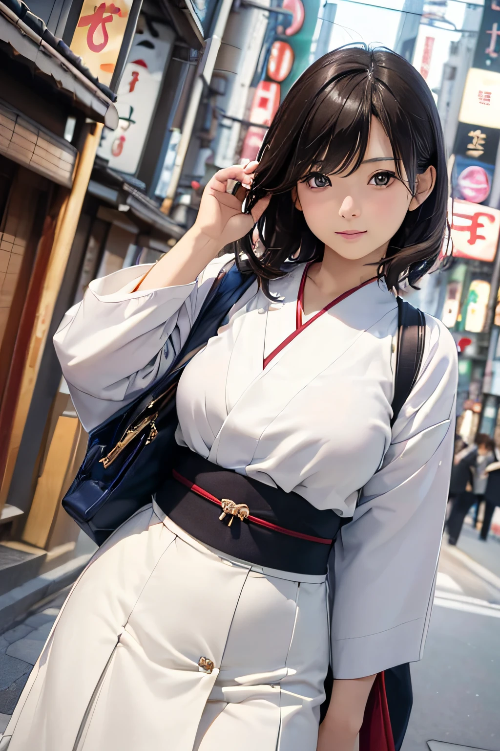 (masterpiece、high-level image quality、hightquality)、(Beautiful realistic Japan woman:1.5、Cool and cute:1.5)、Colossal tits:1.26、The shirt、skirt by the、Ginza love story、Sunday in Tokyo、A whirlwind from city to city、Calling on your phone、