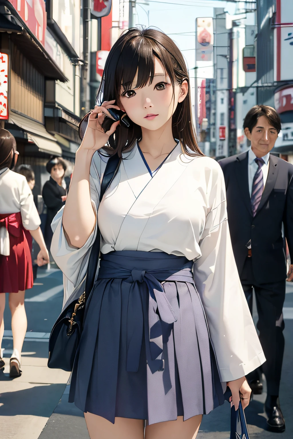 (masterpiece、high-level image quality、hightquality)、(Beautiful realistic Japan woman:1.5、Cool and cute:1.5)、Colossal tits:1.26、The shirt、skirt by the、Ginza love story、Sunday in Tokyo、A whirlwind from city to city、Calling on your phone、