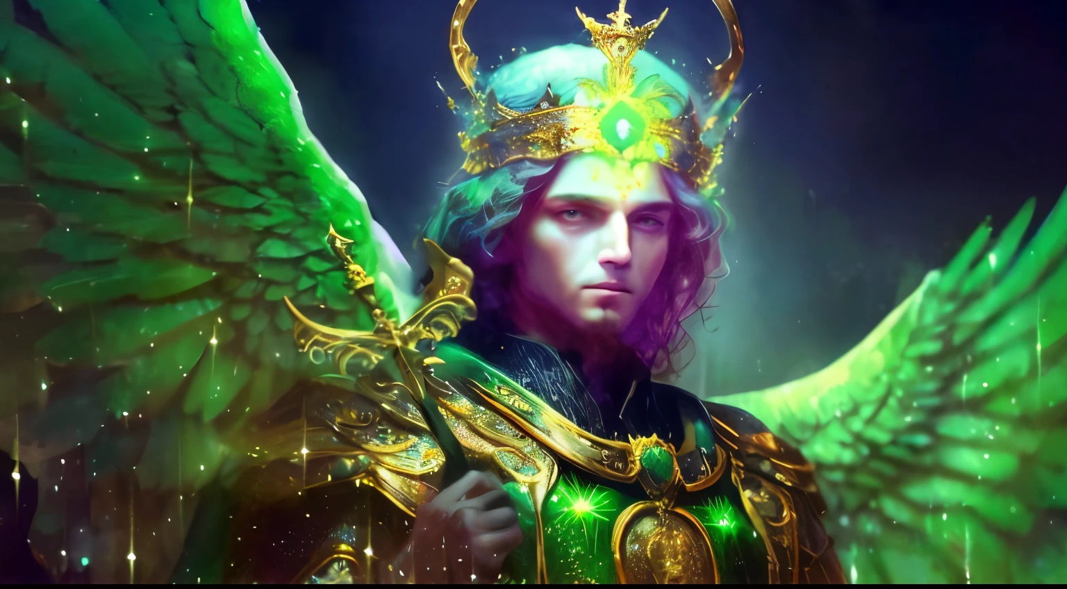 um homem com coroa e asas em uma roupa verde e dourada, Arcanjo Miguel, Michael Cavalo (Motor irreal, O Deus Imperador da Humanidade, Directed by: Eugeniusz Zak, Directed by: Aleksander Gierymski, ser angelical brilhante, ( ( deus rei da arte ai ) ), Directed by: Bertalan Karlovszky, Retrato do Imperador da Humanidade