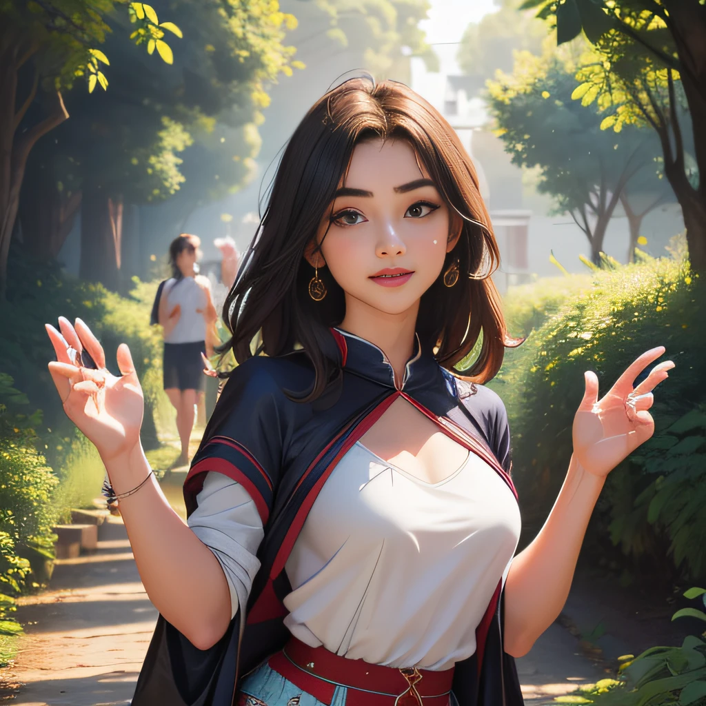 (Extremely detailed 8k wallpaper:2), (photo:2), (soigne Beautiful girl:2), (gives a lecture to friends:2), detailed (Face and eyes), (hyper realistic:1), (highly detailed:1), (epic realistic:1), rim light, (maximum details:1), cozy, (fullbody:1.3), (looking at viewer:2), (Woman's Attractive Qualities:2), (Attractive Woman:2), (Attractive:2), Smile, Intelligence, Empathy, Gracefulness, Sense of Style, Fitness, Grooming, Optimism, (Sensitivity:2), Sincerity, Romantic Gestures, Playfulness, Fashion Sense, (Sensuality:2), Charm, Modesty, Thoughtfulness, (Femininity:1), Flirtatiousness, Warmth, (Physical attractiveness:2), A beautiful smile, A love of life, strength and power, vulnerability, curiosity, wonder, love, (nature background:2), kawaii, waifu, Beautiful breasts, (attractive body:2), (Beautiful body:2), Beautiful pose, attractive pose, (Beautiful legs:1.0), (spread legs:1.0), (Beautiful clothes:1), (classic clothes:2), (elegant clothes:2), (European clothes:2), detailed clothes, (skirt:1), (blouse:1), (provocative pose)