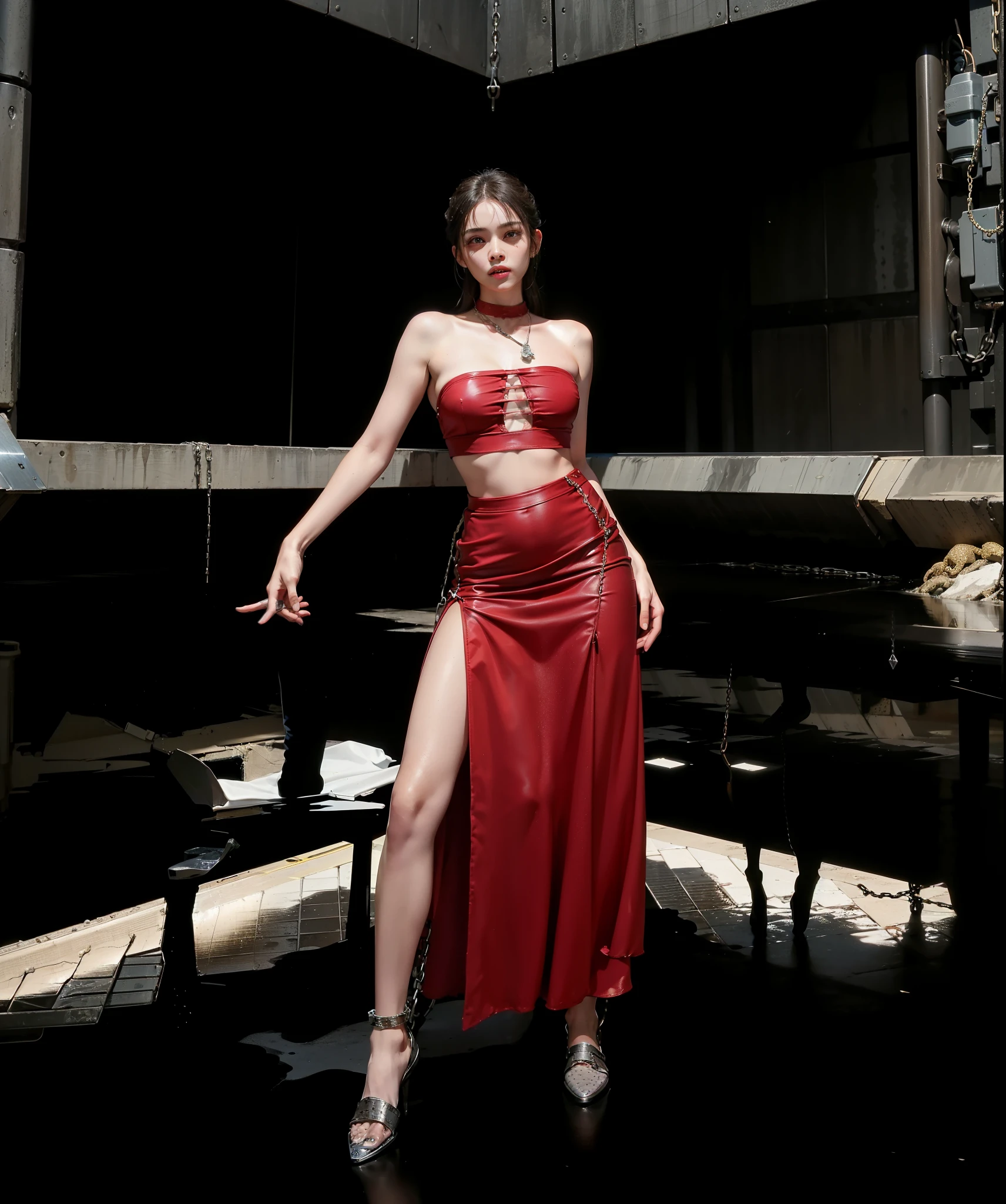 ,((Wearing a torn sheer costume of a superheroine)),(, No bra)), Wet crotch, Wet thighs, Beautiful girl with accentuated slender abs: 1.4, (((nipple tips protruding, areola is protruding, The shape of the pubic region is clearly visible)), sixpack abs: 1.4, Bust Botox, Photo, Sharpness, Unique 850 4, Koda850 k portrait camera, F1.6 shots, Ultra-realistic textures, Spectacular light textures, Cinestil 800 Fashion Mechanics, (futuristic sci-fi battle fashion: 1.1), (tied perfectly by chain), Restraint, Slaves, collars, ((wide prison with sunlight)), Dark fantasy, Realistic material details, extreme hight detail, Ultra-realistic materials ((Torn costume))), Wet, Cloudy, (Chained)), ((big emphasized by chains)), ((chains digging into crotch)), ( (Collar)), (, No bra), shredded costumes, broken golden shields and battle spears,, White combat gloves, Combat shoulder armor, Blood splattered on the face, Blood splattered, Realistic, (Bruises, Dirty, ripped clothing, skimpy clothing, Blood: 1.3),  Torn Cape, Torn pantyhose, Long legs, ((iron pipe in the crotch)), Metallic shackles and fetters, ((chains hung from heaven)), Wet crotch is clearly visible, Swarovski's sword and the anatomy beneath his feet, (futuristic sci-fi battle fashion, Torn mesh stockings)，