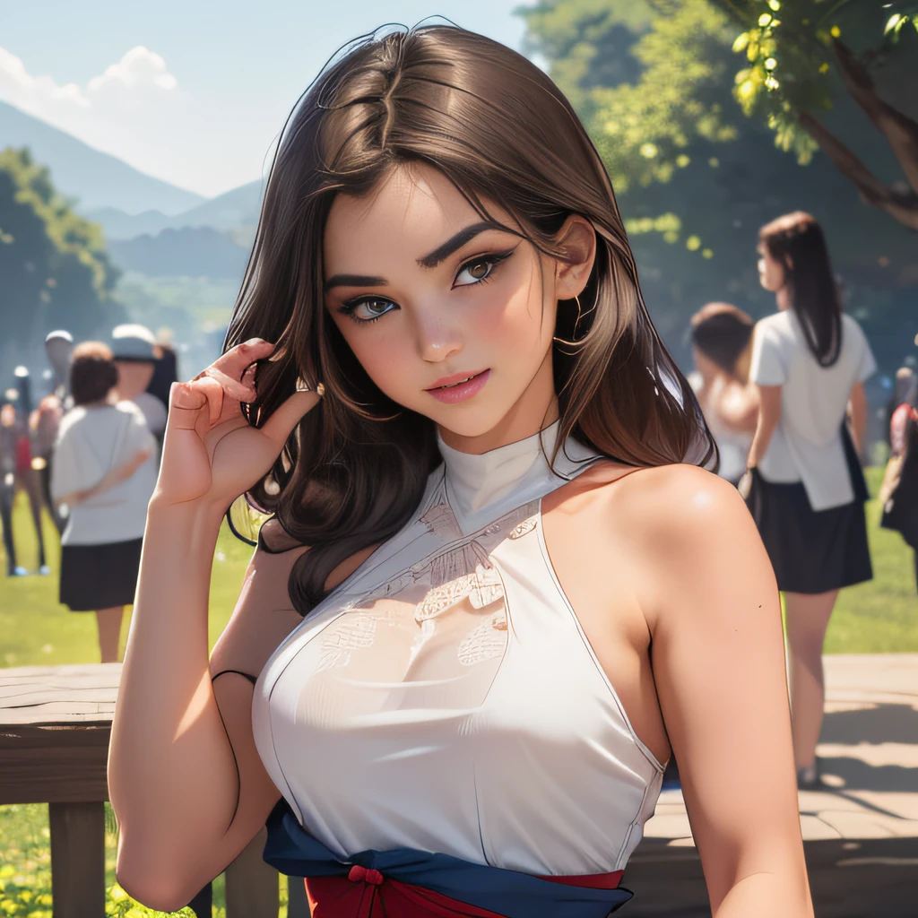 (Extremely detailed 8k wallpaper:2), (photo:2), (25 years old soigne Beautiful girl:2), (gives a lecture to friends:2), detailed (Face and eyes), (hyper realistic:1), (highly detailed:1), (epic realistic:1), rim light, (maximum details:1), cozy, (fullbody:1.3), (looking at viewer:2), (Woman's Attractive Qualities:2), (Attractive Woman:2), (Attractive:2), Smile, Intelligence, Empathy, Gracefulness, Sense of Style, Fitness, Grooming, Optimism, (Sensitivity:2), Sincerity, Romantic Gestures, Playfulness, Fashion Sense, (Sensuality:2), Charm, Modesty, Thoughtfulness, (Femininity:1), Flirtatiousness, Warmth, (Physical attractiveness:2), A beautiful smile, A love of life, strength and power, vulnerability, curiosity, wonder, love, (nature background:2), kawaii, waifu, Beautiful breasts, (attractive body:2), (Beautiful body:2), Beautiful pose, attractive pose, (Beautiful legs:1.0), (Beautiful clothes:1), (classic clothes:2), (elegant clothes:2), (European clothes:2), detailed clothes, (skirt:1), (blouse:1), (provocative pose)