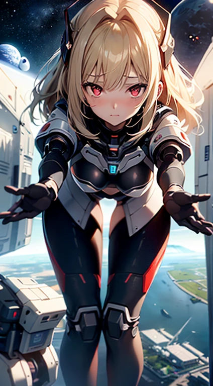 top-quality、Top image quality、masterpiece、Mecha Girl((18year old、Robot joints,Black tights,Bust 100、a blond、close to viewer、gazing at viewer、Chest energy、Breasts wide open,Reaching out、red eyes、Shy face、Dye cheeks))hiquality、depth of fields、Background with((Space Colony))、Depth((planet earth))