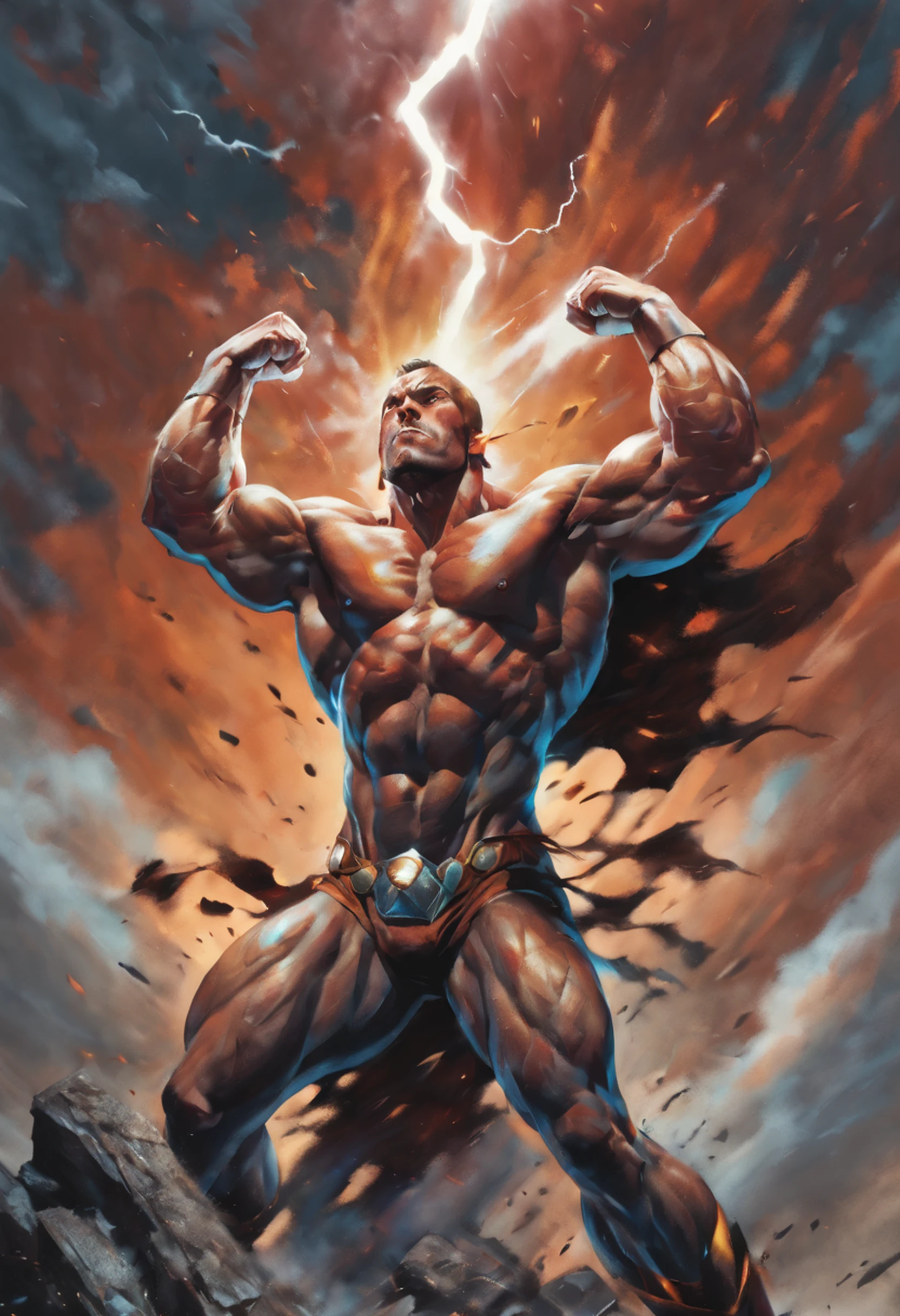 (best quality,highres), muscular man with large biceps, well-defined brachioradialis muscle, raising his hands towards the sky, lightning bolt striking directly into his hand, intense focus, veins popping, extreme power, sweat dripping, strong grip, dark clouds, dramatic sky, powerful energy emanating from his body, stormy atmosphere, charged atmosphere, electrifying moment, intense muscles, menacing expression, heroic pose, determined face, superhuman strength, epic scene, superhero, supernatural abilities, raw power