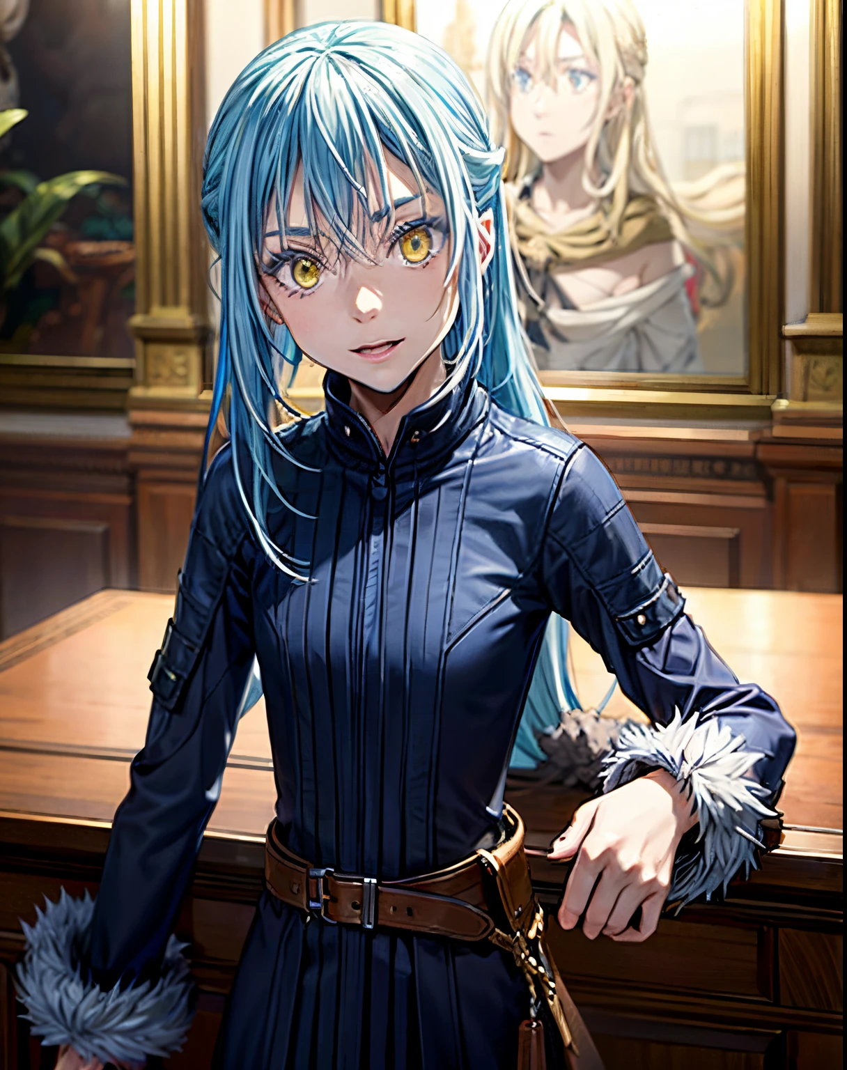 “Craft a mesmerizing image featuring a character with striking yellow eyes and luxurious long blue hair, emphasizing the depth and intensity of their gaze. This masterpiece will prioritize the best quality (1.5) and vivid details, ensuring the character’s eyes and hair are intricately rendered. The scene should convey a sense of enchantment and captivation, allowing viewers to immerse themselves in the vivid allure of this character’s unique features.”