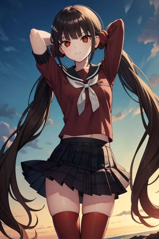 solo, harukawa maki, long hair, bangs, brown hair, black hair, hair ornament, (red eyes:1.5), twintails, very long hair, hairclip, blunt bangs, mole under eye, low twintails, scrunchie, hair scrunchie, red scrunchie, (small breast:1.2), BREAK skirt, shirt, thighhighs, long sleeves, bow, school uniform, pleated skirt, serafuku, miniskirt, black skirt, sailor collar, mole, bracelet, zettai ryouiki, plaid, plaid skirt, red shirt, black sailor collar, red thighhighs, BREAK looking at viewer, BREAK outside, beach, BREAK (masterpiece:1.2), best quality, high resolution, unity 8k wallpaper, (illustration:0.8), (beautiful detailed eyes:1.6), extremely detailed face, perfect lighting, extremely detailed CG, (perfect hands, perfect anatomy), arms behind head, contrapposto, spread armpit, forest, night, smile, mouth closed,