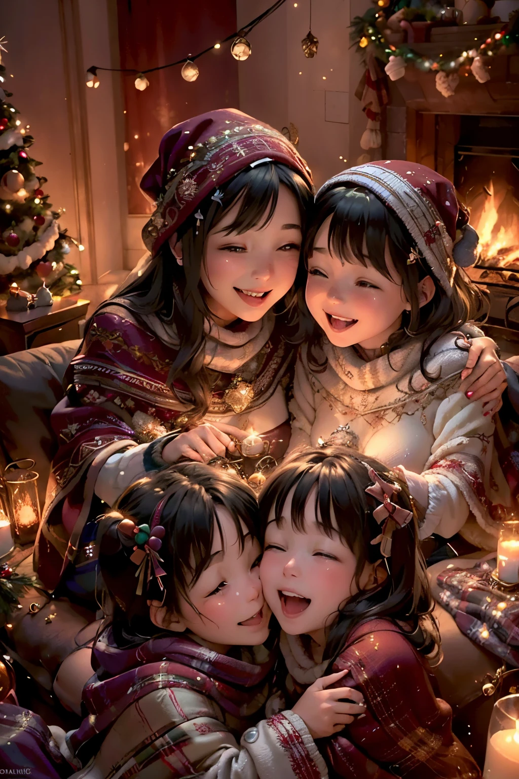 (best quality, highres, ultra-detailed, realistic:1.37), vibrant colors, soft lighting, warm and cozy atmosphere, family love, joyful laughter, Christmas decorations, fireplace crackling, twinkling lights, cozy living room, comfortable sofa, happy smiles, excitement, holiday spirit, genuine happiness, tender moments, love and affection, beautifully wrapped gifts, anticipation, heartwarming scene, holiday traditions, quality family time, magical atmosphere, festive mood, meaningful celebration, precious memories, loving parents, sisters' bond, festive outfits, sparkling ornaments, happy tears, genuine expressions of joy, glowing faces, enchanting ambiance, cozy blankets, cheerful surprises, playful children, magical Christmas morning, warm embraces, shared laughter, grateful hearts, love-filled home, joyous celebration