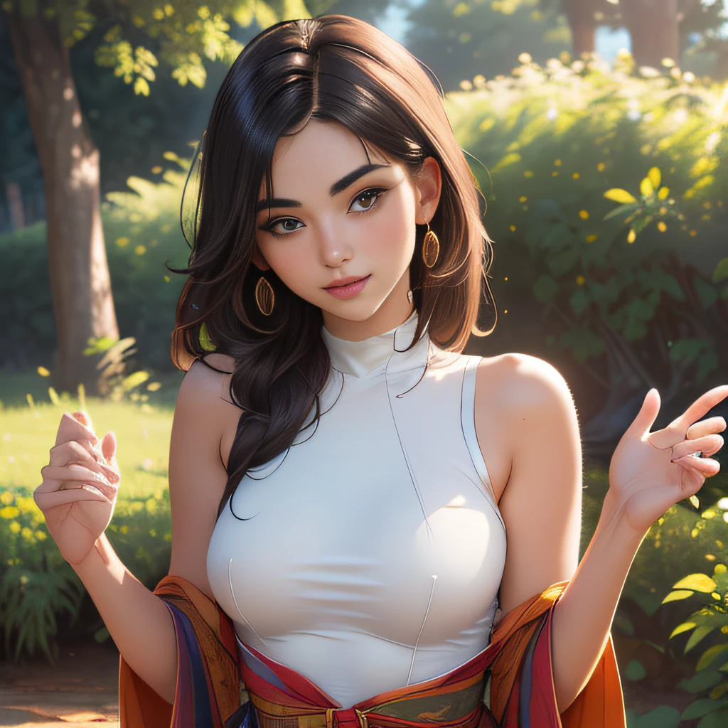 A young female character is practicing yoga in a serene, meditative pose. She is seated in the lotus position (Padmasana) with her legs crossed and her hands resting on her knees, fingers forming the Gyan mudra. Her eyes are gently closed, and she has a peaceful expression on her face, indicating deep focus and relaxation.
She is dressed in stylish, fitted yoga pants and a comfortable top, both designed for flexibility and ease of movement. Over her outfit, she wears an elegant silk kimono, which drapes gracefully around her shoulders and flows softly to the sides. The kimono features intricate, delicate patterns that add a touch of sophistication to her look.
The background is a rustic, artistic setting with a textured, slightly worn concrete wall that enhances the natural, tranquil atmosphere. She sits on a dark, possibly wooden floor, with a yoga mat beneath her for comfort. The overall mood of the illustration is calm and introspective, capturing a moment of serene mindfulness.