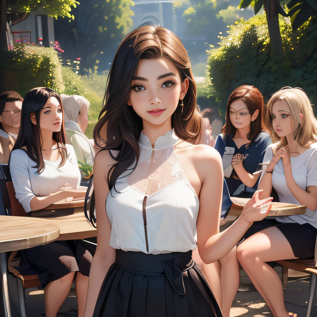 (Extremely detailed 8k wallpaper:2), (photo:2), (soigne Beautiful girl:2), (gives a lecture to friends:2), detailed (Face and eyes), (hyper realistic:1), (highly detailed:1), (epic realistic:1), rim light, (maximum details:1), cozy, (fullbody:1.3), (looking at viewer:2), (Woman's Attractive Qualities:2), (Attractive Woman:2), (Attractive:2), Smile, Intelligence, Empathy, Gracefulness, Sense of Style, Fitness, Grooming, Optimism, (Sensitivity:2), Sincerity, Romantic Gestures, Playfulness, Fashion Sense, (Sensuality:2), Charm, Modesty, Thoughtfulness, (Femininity:1), Flirtatiousness, Warmth, (Physical attractiveness:2), A beautiful smile, A love of life, strength and power, vulnerability, curiosity, wonder, love, (nature background:2), kawaii, waifu, Beautiful breasts, (attractive body:2), (Beautiful body:2), Beautiful pose, attractive pose, (Beautiful legs:1.0), (spread legs:1.0), (Beautiful clothes:1), (classic clothes:2), (elegant clothes:2), (European clothes:2), detailed clothes, (skirt:1), (blouse:1), (provocative pose)