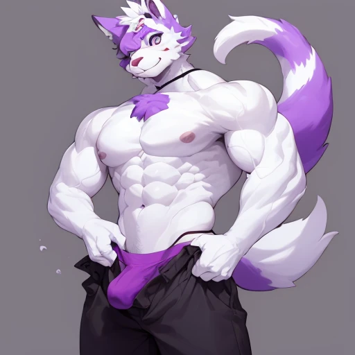 masterpiece front view, white body color, purple fur, purple eyes, white sclera, standing, lean body, shirt, skinny, thin lean muscle