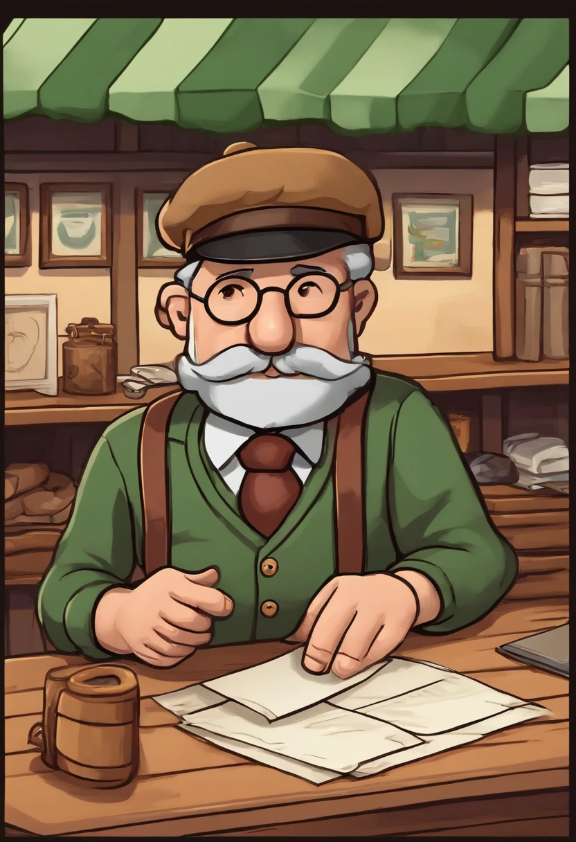 A photo of Mayor Lewis's hands placing a sealed envelope into a locked drawer.,Stardew Valley,He wears a tan newsboy cap. He is old and has a big grey mustache. He is a white man. He wears a green button up top with a yellow necktie. He wears brown suspenders and brown pants.