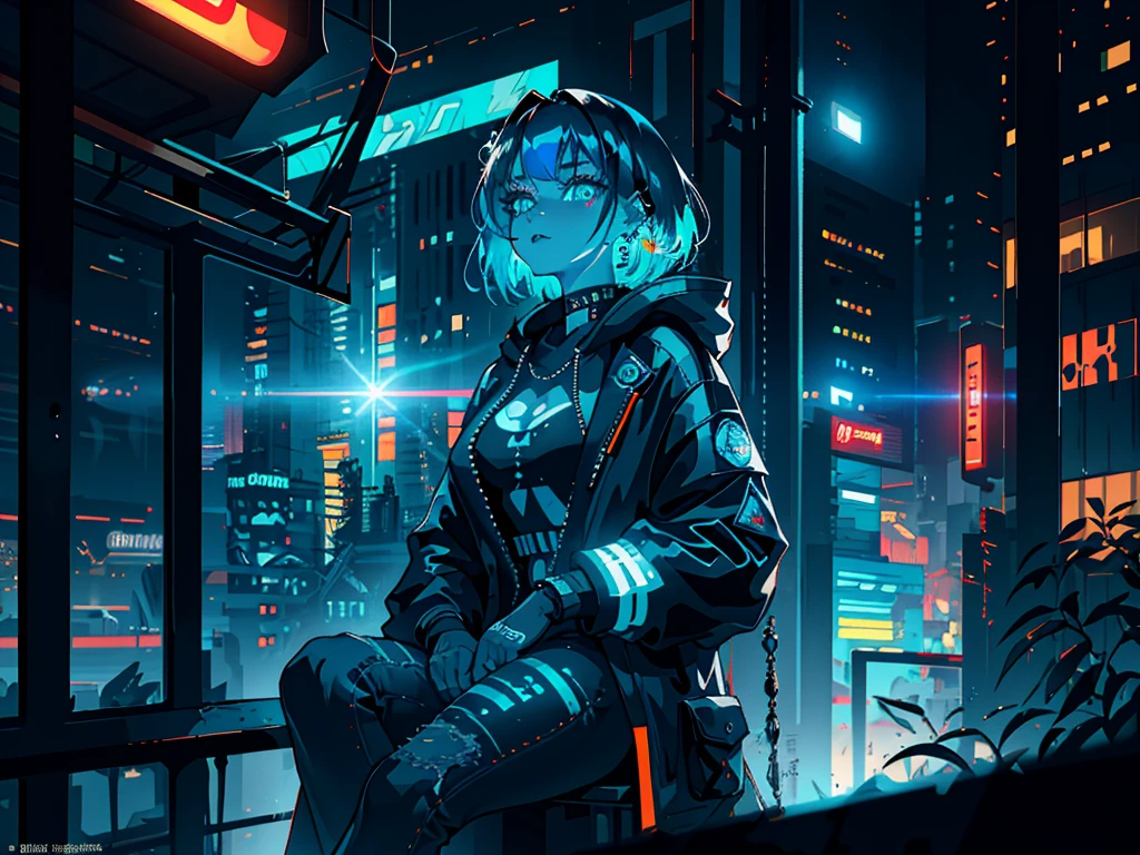 {{masterpiece,Best Quality}}, top-quality, Delicate background,delicated face,Super delicate,Ultra-detailed CG Unity,8k wallpaper, lensflare, (colourfull:1.5),Detailed beautiful eyes,a 20 yo woman,Bery short hair,frizzy hair,Cool Face,((Black and blue hair)),glowing green and purple eyes,abdominals,Big piercings,Overjacket,damage jeans,cyberpunked,a hologram,Neon lights flying around,nighttime scene,Perfect human body structure,On top of the building,Sit on the steel frame,stare at the building,Shining Buildings,Cyberpunk City,From above,from distance,