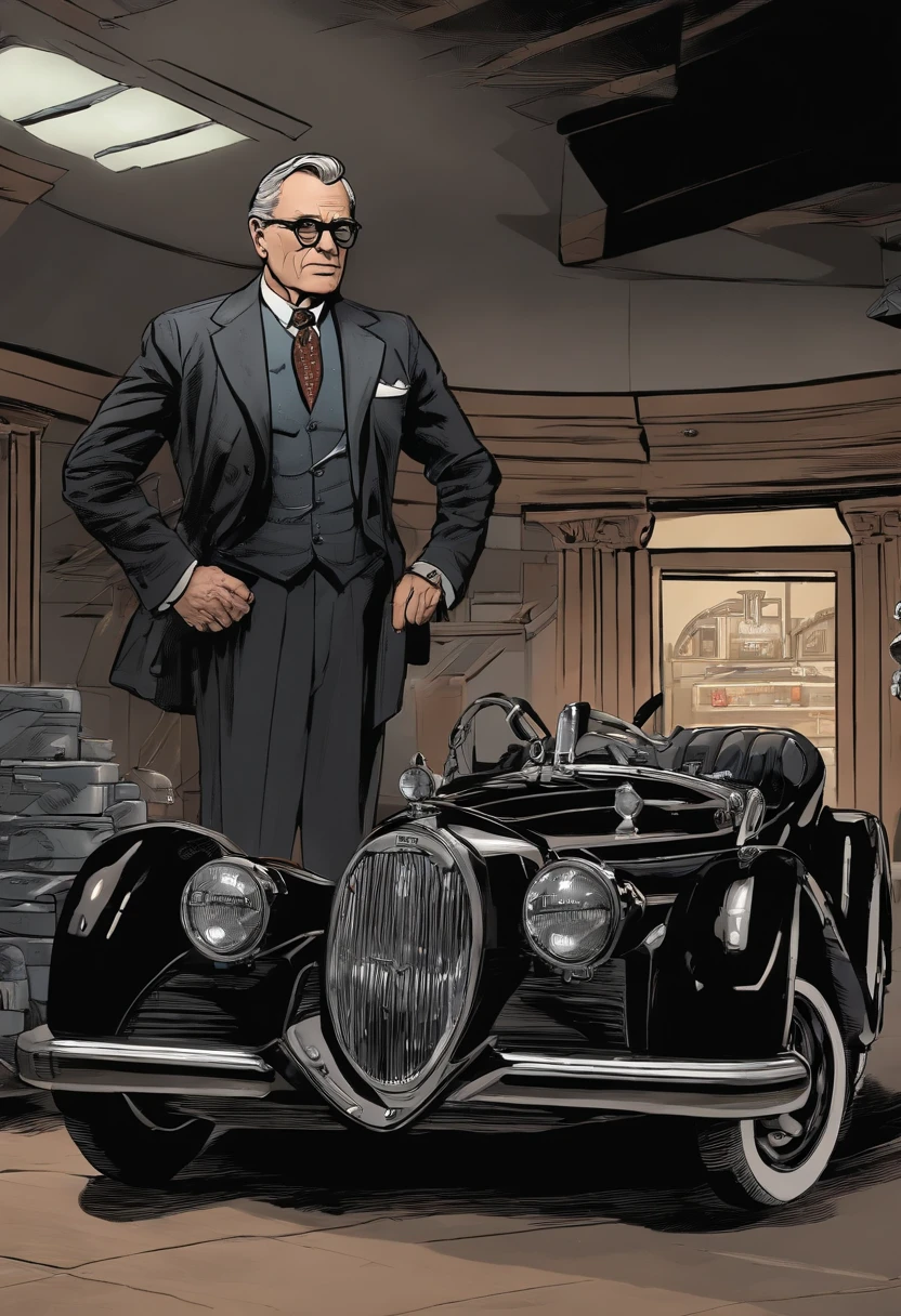 An image of Alfred in the Batcave, standing next to the Batmobile, equipped with a new gadget and discussing its features.,Batman,Alfred is 60 years old man, very fit, trimmed hair, wearing suit and bow tie and dress shoes. He’s always shaved with salt pepper hair