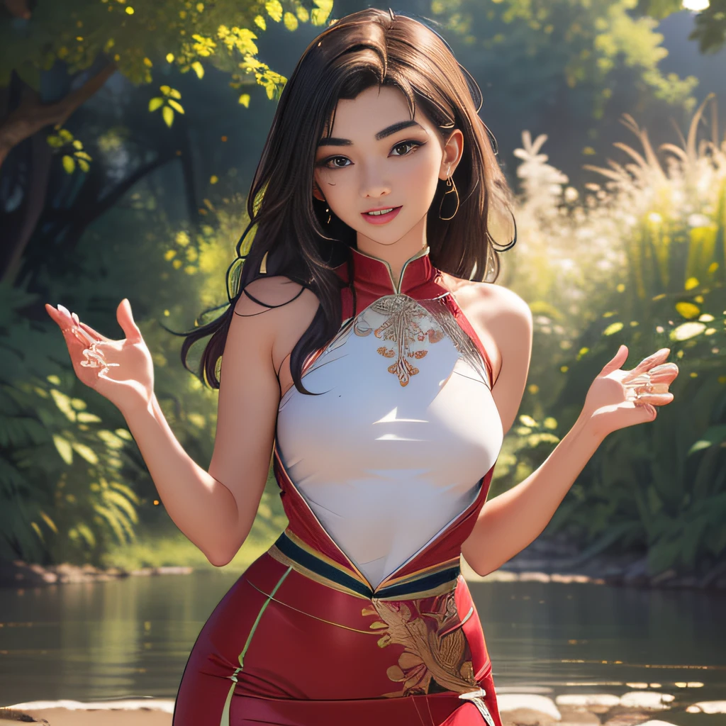 (Extremely detailed 8k wallpaper:2), (photo:2), (soigne Beautiful girl:2), (gives a lecture to friends:2), detailed (Face and eyes), (hyper realistic:1), (highly detailed:1), (epic realistic:1), rim light, (maximum details:1), cozy, (fullbody:1.3), (looking at viewer:2.0), (Woman's Attractive Qualities:2), (Attractive Woman:2), (Attractive:2), Smile, Intelligence, Empathy, Gracefulness, Sense of Style, Fitness, Grooming, Optimism, (Sensitivity:2), Sincerity, Romantic Gestures, Playfulness, Fashion Sense, (Sensuality:2), Charm, Modesty, Thoughtfulness, (Femininity:1), Flirtatiousness, Warmth, (Physical attractiveness:2), A beautiful smile, A love of life, strength and power, vulnerability, curiosity, wonder, love, (nature background:2), kawaii, waifu, Beautiful breasts, (attractive body:2), (Beautiful body:2), Beautiful pose, attractive pose, (Beautiful legs:1.0), (spread legs:1.0), (Beautiful clothes:1), (classic clothes:2), (elegant clothes:2), (European clothes:2), detailed clothes, (skirt:1), (blouse:1), (provocative pose)