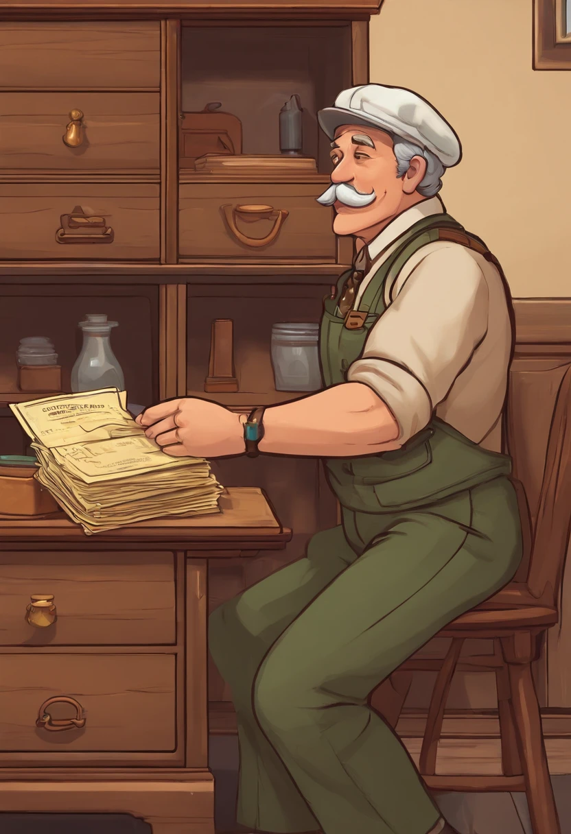 A photo of Mayor Lewis's hands placing a sealed envelope into a locked drawer.,Stardew Valley,He wears a tan newsboy cap. He is old and has a big grey mustache. He is a white man. He wears a green button up top with a yellow necktie. He wears brown suspenders and brown pants.