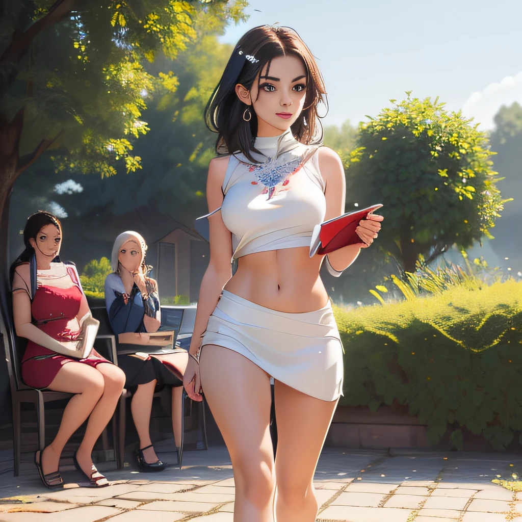 (Extremely detailed 8k wallpaper:2), (photo:2), (soigne Beautiful girl:2), (gives a lecture to friends:2), detailed (Face and eyes), (hyper realistic:1), (highly detailed:1), (epic realistic:1), rim light, (maximum details:1), cozy, (fullbody:1.3), (looking at viewer:2), (Woman's Attractive Qualities:2), (Attractive Woman:2), (Attractive:2), Smile, Intelligence, Empathy, Gracefulness, Sense of Style, Fitness, Grooming, Optimism, (Sensitivity:2), Sincerity, Romantic Gestures, Playfulness, Fashion Sense, (Sensuality:2), Charm, Modesty, Thoughtfulness, (Femininity:1), Flirtatiousness, Warmth, (Physical attractiveness:2), A beautiful smile, A love of life, strength and power, vulnerability, curiosity, wonder, love, (nature background:2), kawaii, waifu, Beautiful breasts, (attractive body:2), (Beautiful body:2), Beautiful pose, attractive pose, (Beautiful legs:1.0), (spread legs:1.0), (Beautiful clothes:1), (classic clothes:2), (elegant clothes:2), (European clothes:2), detailed clothes, (skirt:1), (blouse:1), (provocative pose)