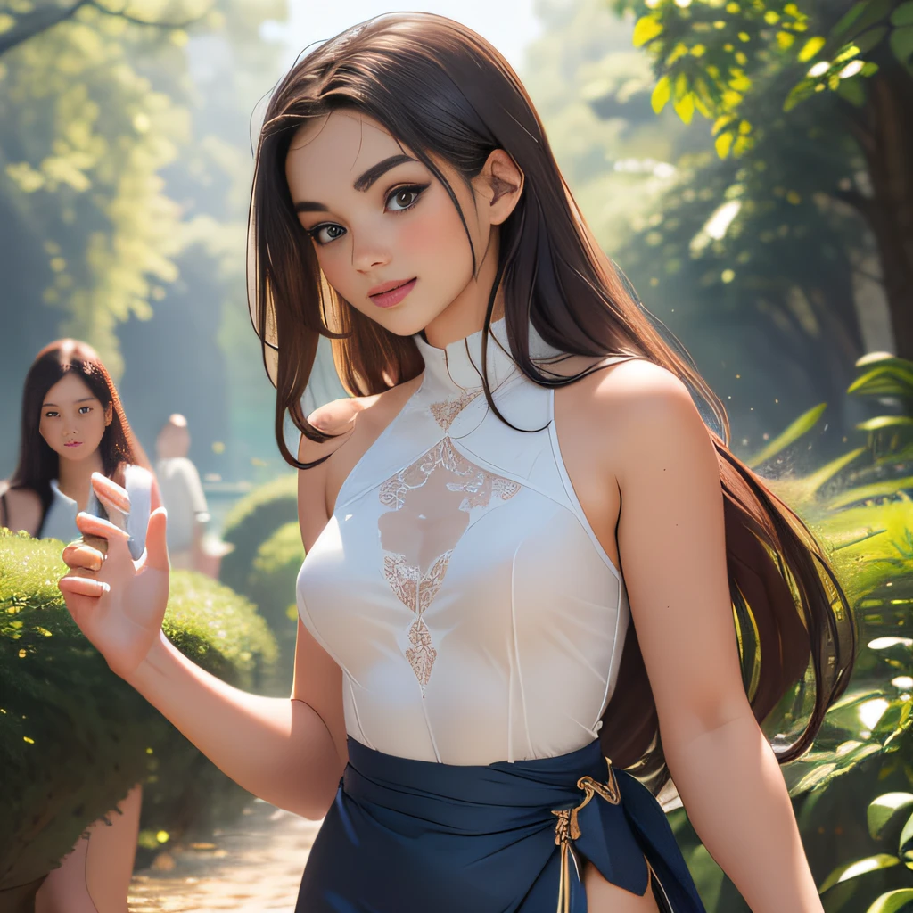 (Extremely detailed 8k wallpaper:2), (photo:2), (soigne Beautiful girl:2), (gives a lecture to friends:2), detailed (Face and eyes), (hyper realistic:1), (highly detailed:1), (epic realistic:1), rim light, (maximum details:1), cozy, (fullbody:1.3), (looking at viewer:2), (Woman's Attractive Qualities:2), (Attractive Woman:2), (Attractive:2), Smile, Intelligence, Empathy, Gracefulness, Sense of Style, Fitness, Grooming, Optimism, (Sensitivity:2), Sincerity, Romantic Gestures, Playfulness, Fashion Sense, (Sensuality:2), Charm, Modesty, Thoughtfulness, (Femininity:1), Flirtatiousness, Warmth, (Physical attractiveness:2), A beautiful smile, A love of life, strength and power, vulnerability, curiosity, wonder, love, (nature background:2), kawaii, waifu, Beautiful breasts, (attractive body:2), (Beautiful body:2), Beautiful pose, attractive pose, (Beautiful legs:1.0), (spread legs:1.0), (Beautiful clothes:1), (classic clothes:2), (elegant clothes:2), (European clothes:2), detailed clothes, (skirt:1), (blouse:1), (provocative pose)