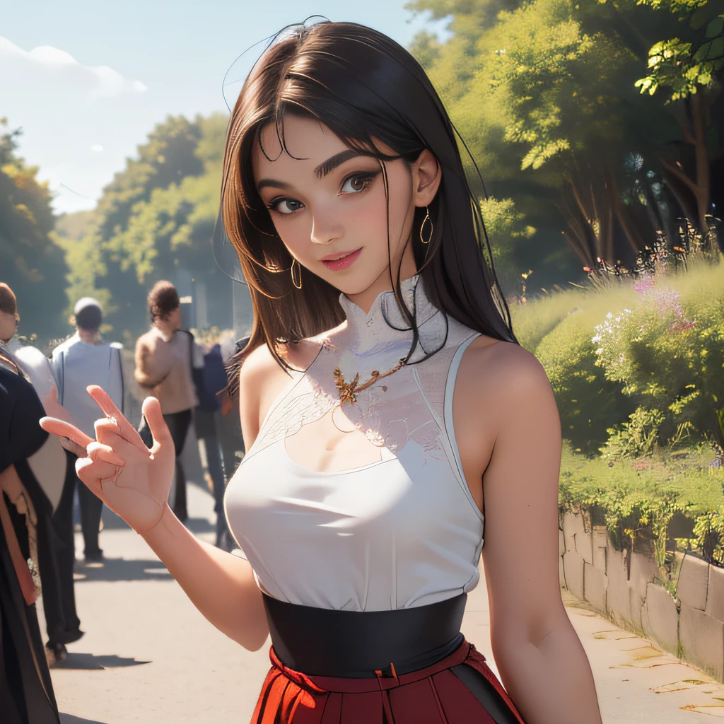 (Extremely detailed 8k wallpaper:2), (photo:2), (soigne Beautiful girl:2), (gives a lecture to friends:2), detailed (Face and eyes), (hyper realistic:1), (highly detailed:1), (epic realistic:1), rim light, (maximum details:1), cozy, (fullbody:1.3), (looking at viewer:2), (Woman's Attractive Qualities:2), (Attractive Woman:2), (Attractive:2), Smile, Intelligence, Empathy, Gracefulness, Sense of Style, Fitness, Grooming, Optimism, (Sensitivity:2), Sincerity, Romantic Gestures, Playfulness, Fashion Sense, (Sensuality:2), Charm, Modesty, Thoughtfulness, (Femininity:1), Flirtatiousness, Warmth, (Physical attractiveness:2), A beautiful smile, A love of life, strength and power, vulnerability, curiosity, wonder, love, (nature background:2), kawaii, waifu, Beautiful breasts, (attractive body:2), (Beautiful body:2), Beautiful pose, attractive pose, (Beautiful legs:1.0), (spread legs:1.0), (Beautiful clothes:1), (classic clothes:2), (elegant clothes:2), (European clothes:2), detailed clothes, (skirt:1), (blouse:1), (provocative pose)