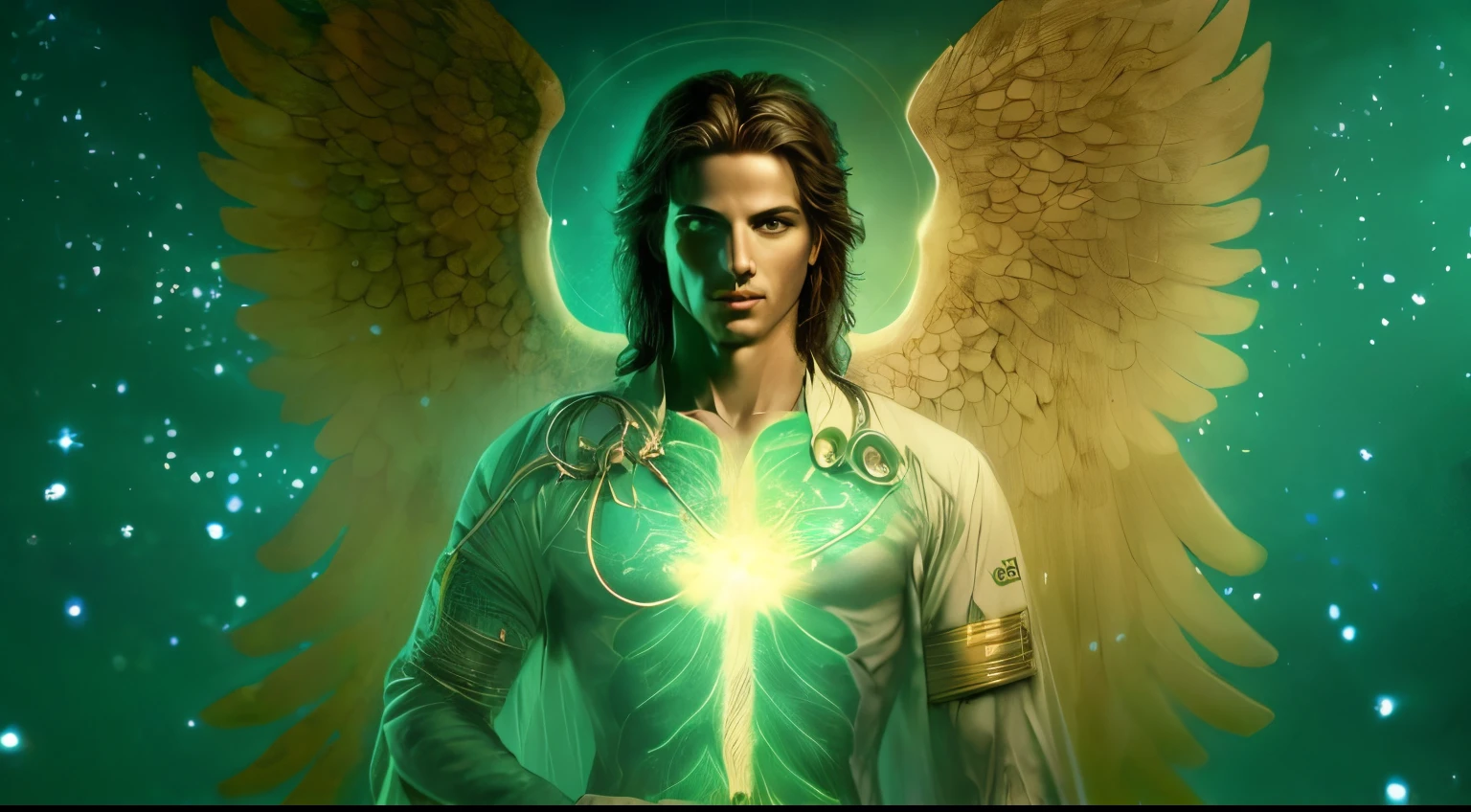 a woman with a green light in her hands and angel wings, to be brilliant angelic, angel spirit guide, arcanjo, Michael Cavalo (Motor irreal, macho com halo, Directed by: Anne Stokes, Arcanjo Miguel, cientista de fantasia masculino magro, incubus sensual e bonito, angelic, segurando um caduceu, Directed by: Meredith Dillman