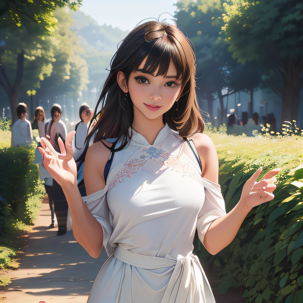 (Extremely detailed 8k wallpaper:2), (photo:2), (soigne Beautiful girl:2), (gives a lecture to friends:2), detailed (Face and eyes), (hyper realistic:1), (highly detailed:1), (epic realistic:1), rim light, (maximum details:1), cozy, (fullbody:1.3), (looking at viewer:2), (Woman's Attractive Qualities:2), (Attractive Woman:2), (Attractive:2), Smile, Intelligence, Empathy, Gracefulness, Sense of Style, Fitness, Grooming, Optimism, (Sensitivity:2), Sincerity, Romantic Gestures, Playfulness, Fashion Sense, (Sensuality:2), Charm, Modesty, Thoughtfulness, (Femininity:1), Flirtatiousness, Warmth, (Physical attractiveness:2), A beautiful smile, A love of life, strength and power, vulnerability, curiosity, wonder, love, (nature background:2), kawaii, waifu, Beautiful breasts, (attractive body:2), (Beautiful body:2), Beautiful pose, attractive pose, (Beautiful legs:1.0), (spread legs:1.0), (Beautiful clothes:1), (classic clothes:2), (elegant clothes:2), (European clothes:2), detailed clothes, (skirt:1), (blouse:1), (provocative pose)