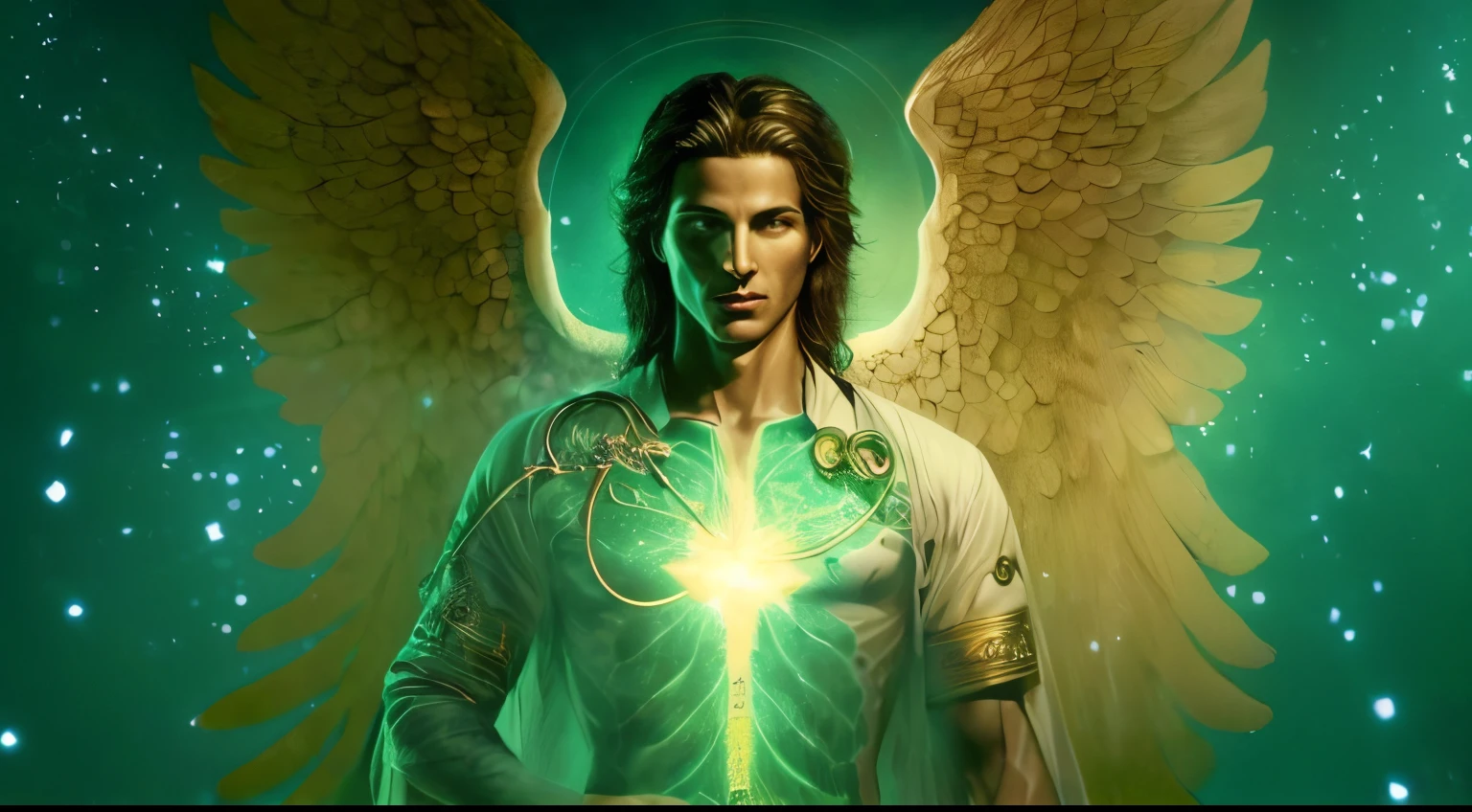 a woman with a green light in her hands and angel wings, to be brilliant angelic, angel spirit guide, arcanjo, Michael Cavalo (Motor irreal, macho com halo, Directed by: Anne Stokes, Arcanjo Miguel, cientista de fantasia masculino magro, incubus sensual e bonito, angelic, segurando um caduceu, Directed by: Meredith Dillman