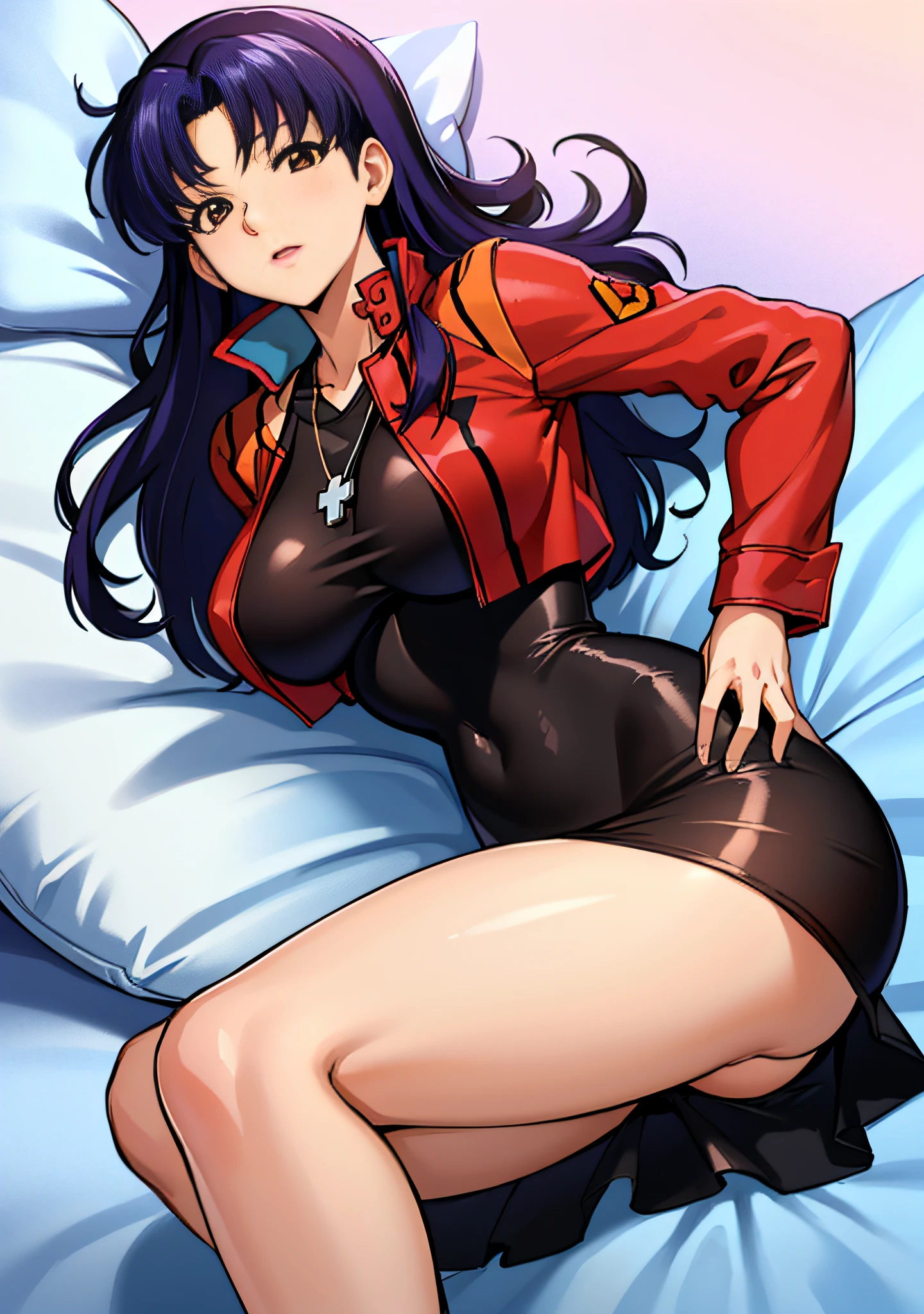 (masutepiece),(Best Quality), Katsuragi Misato, (masutepiece),(Best Quality), Katsuragi Misato, 、Colossal tits、See-through black dress,Seductive underwear、Sleeping in bed、 Spread your legs apart、Brown eyes, Cross Necklace, Red jacket, Persistent stare, Sharp eyes, Spread your legs apart、Open the crotch、sexy langeries