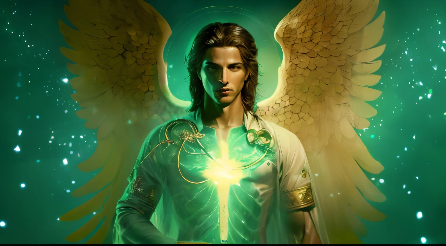 a man with a green light in his hands and angel wings, olhos verdes, being brilliant angelic, angel spirit guide, arcanjo, Michael Cavalo (Motor irreal, macho com halo, Directed by: Ana Stokes, Arcanjo Miguel, cientista de fantasia masculino magro, incubus sensual e bonito, angelic, segurando um caduceu, Directed by: Meredith Dillman