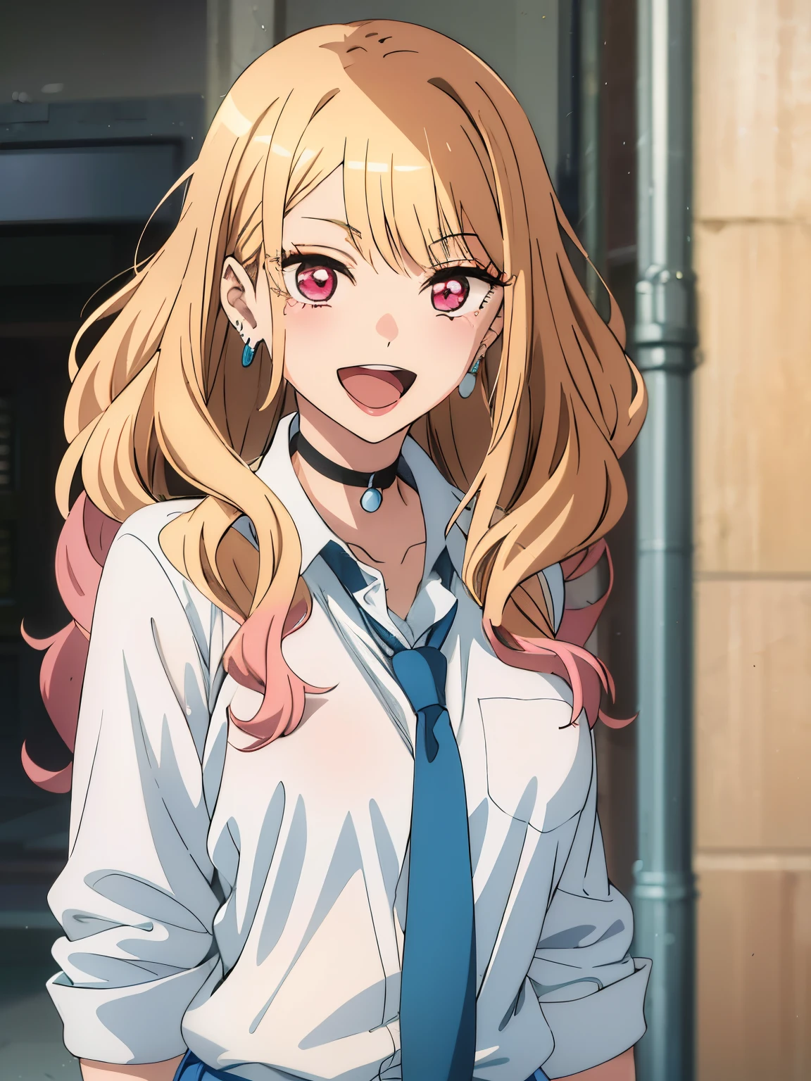 1girl, alone, Marin Kitagawa, long hair, blonde hair, pink tips, earrings in her ears, necklace around her neck, pink eyes, long eyelashes, smile, open mouth, light pink lipstick, white shirt, pocket on left chest, sleeves folded, blue tie, blue skirt, big breasts, medium waist, wide hips