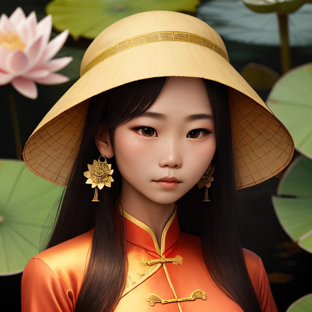 A portrait of a girl wearing vietnamese traditional “Ao Dai” and a leaves hat and a lotus earing took place in vietnam war success