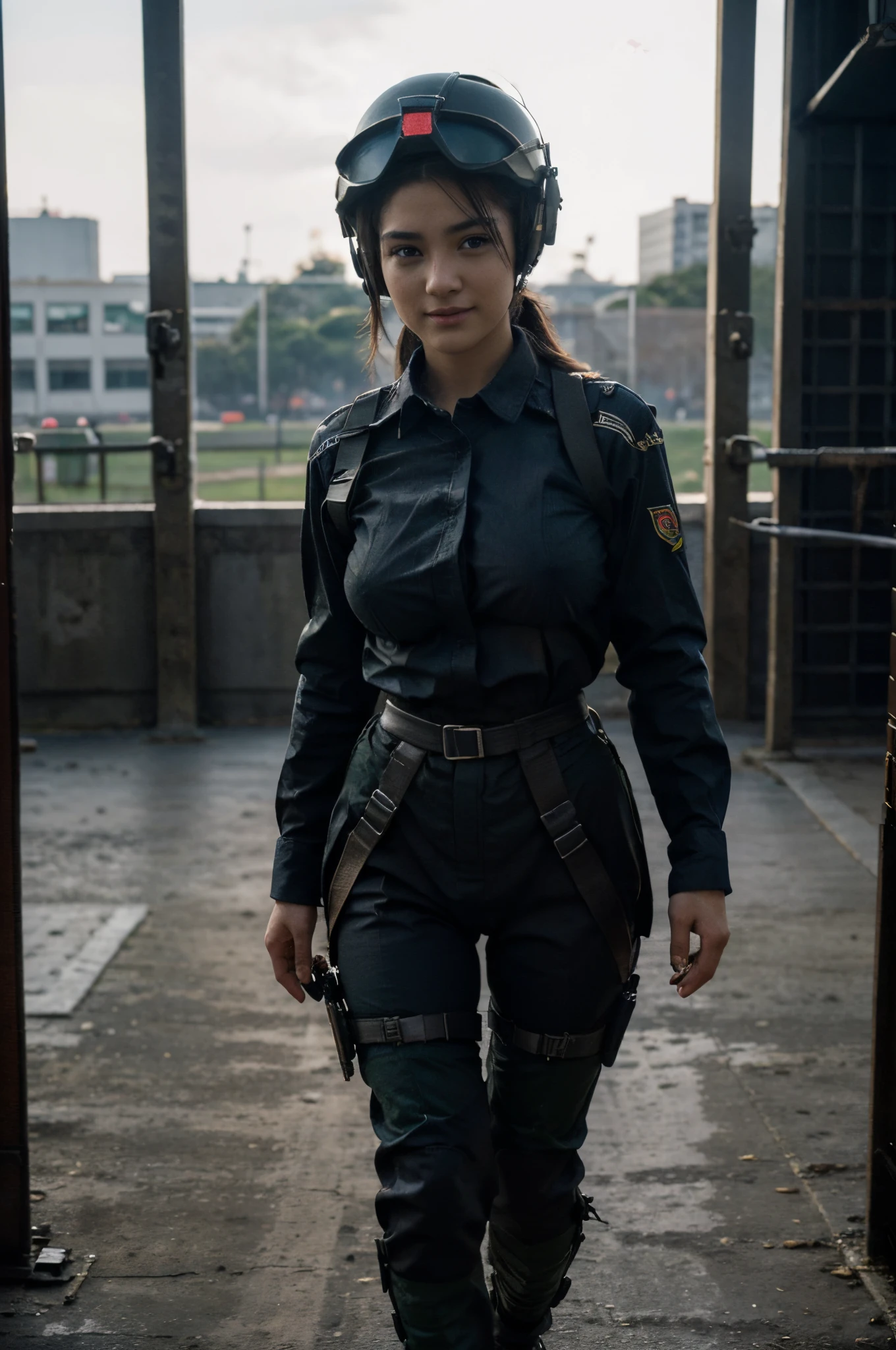 Young girl army shirt, (sweet smile), ((stepping walking pose:1.4)), ultra high resolution, (top quality, masterpiece, intricate details), (detailed gloves, detailed fingers), (detailed face), (portrait  fashion photography), professional lighting, ((full body shot:1.4)), Armed personnel,  Tattered military equipment, (with rifle in hand), infantry girl, full armor, (Armed harness), (Bag box  hanging ammunition), (military girl),
  (wearing a black racing suit like an army uniform), (striped green mecha shirt), (wearing a military harness), ((hand holding a long-barreled rifle:1.4)), (headphones and military helmet), ((NSFW))  , (sexy:1.2) facing forward, ((big breasts)), (looking towards the audience:1.2), 1 girl, hair in a ponytail, (curvy), narrow waist,  (army shirt :1.3), (shirt  open :1.4),  armor hanging from the waist, (arsenal background), intricate detailed background, uncensored,
