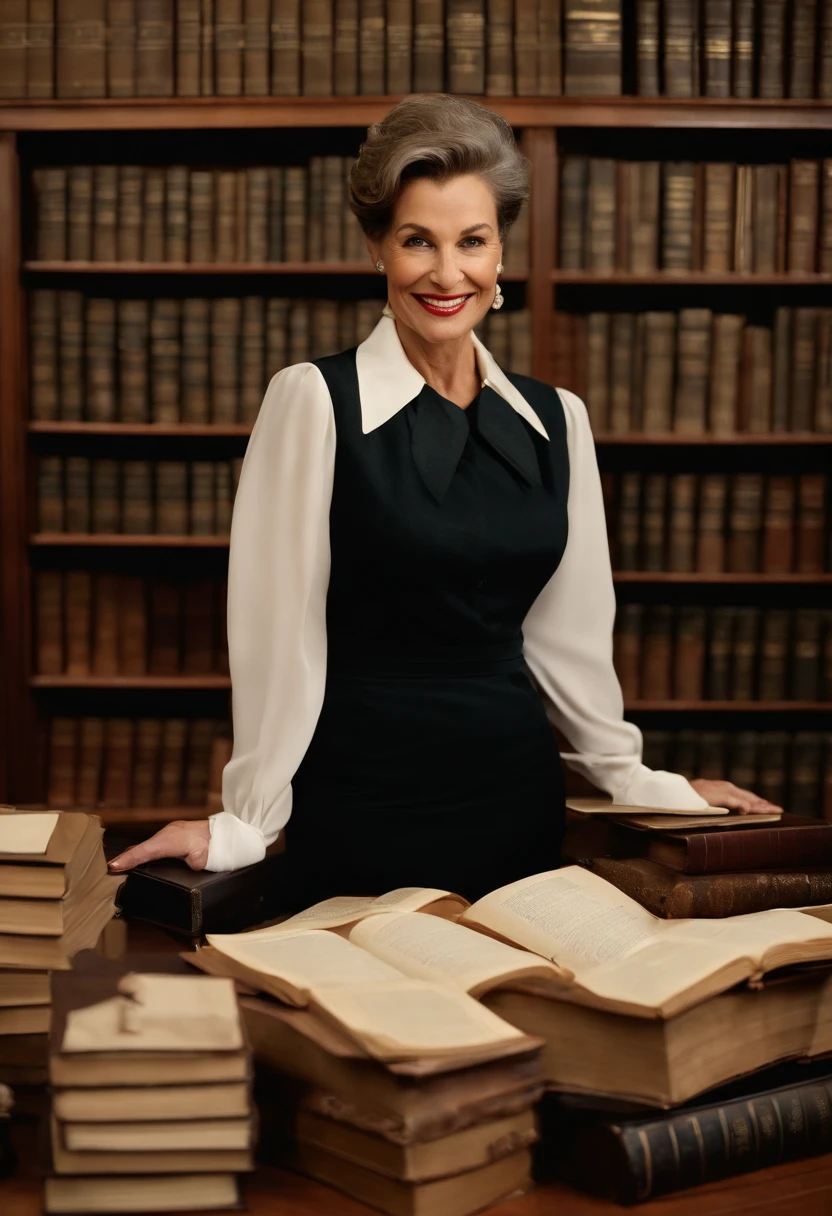 An overhead shot of Vivian sitting at her desk surrounded by stacks of books, with a cup of steaming tea in her hand and a mischievous smile on her face.,original,Vivian Hawthorne, the master librarian at the New York City Public Library, is a picture of elegance and intelligence. In her mid-fifties, she has sharp, observant eyes that miss nothing, framed by silver-streaked hair often pulled back in a sleek bun. Her attire is always classic and impeccable, befitting the grandeur of the library’s halls which she navigates with a poised grace.